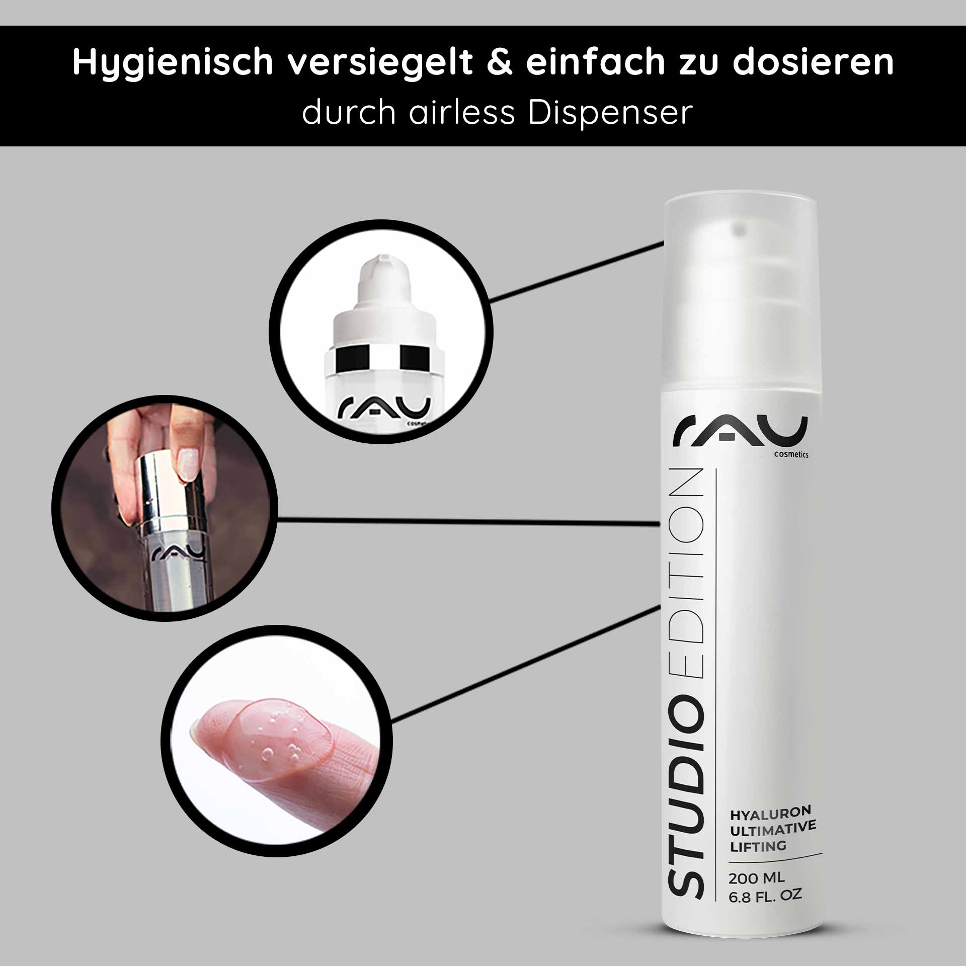 히알루론 얼티밋 리프팅 200ml 히알루론산 젤 RAU Cosmetics Hyaluron Ultimative Lifting Gel im Airless-Spender mit hygienischer Verpackung, Anwendung mit der Fingerspitze und Produktdetails, die die Anti-Aging-Vorteile hervorheben.