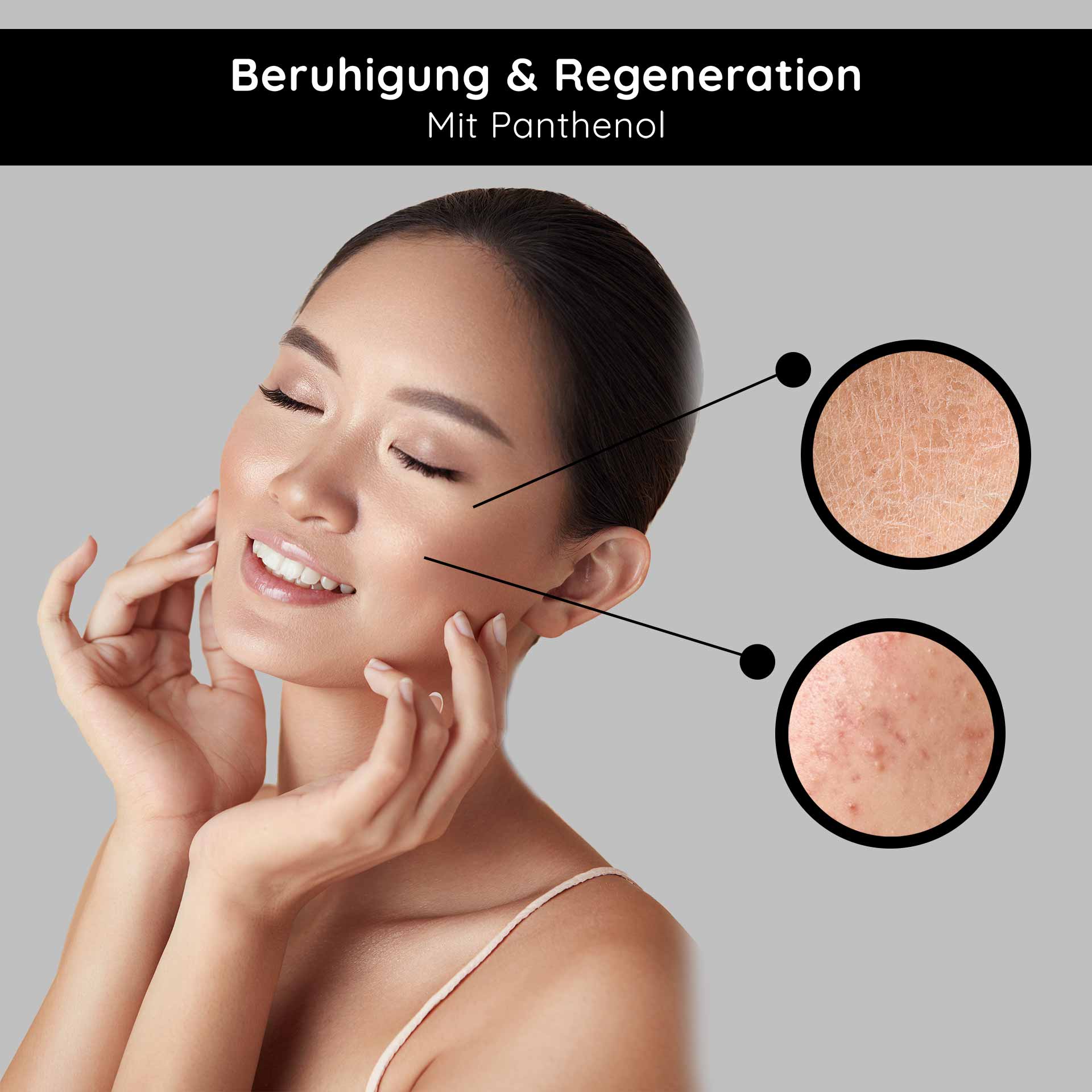 스템셀 세럼 100ml 성숙한 & 건성 피부를 위한 안티에이징 스템셀 세럼 Frau mit geschlossenen Augen und sanftem Lächeln, die ihre Wangen berührt, umgeben von Hauttexturen, die Hautberuhigung und Regeneration mit Panthenol symbolisieren.