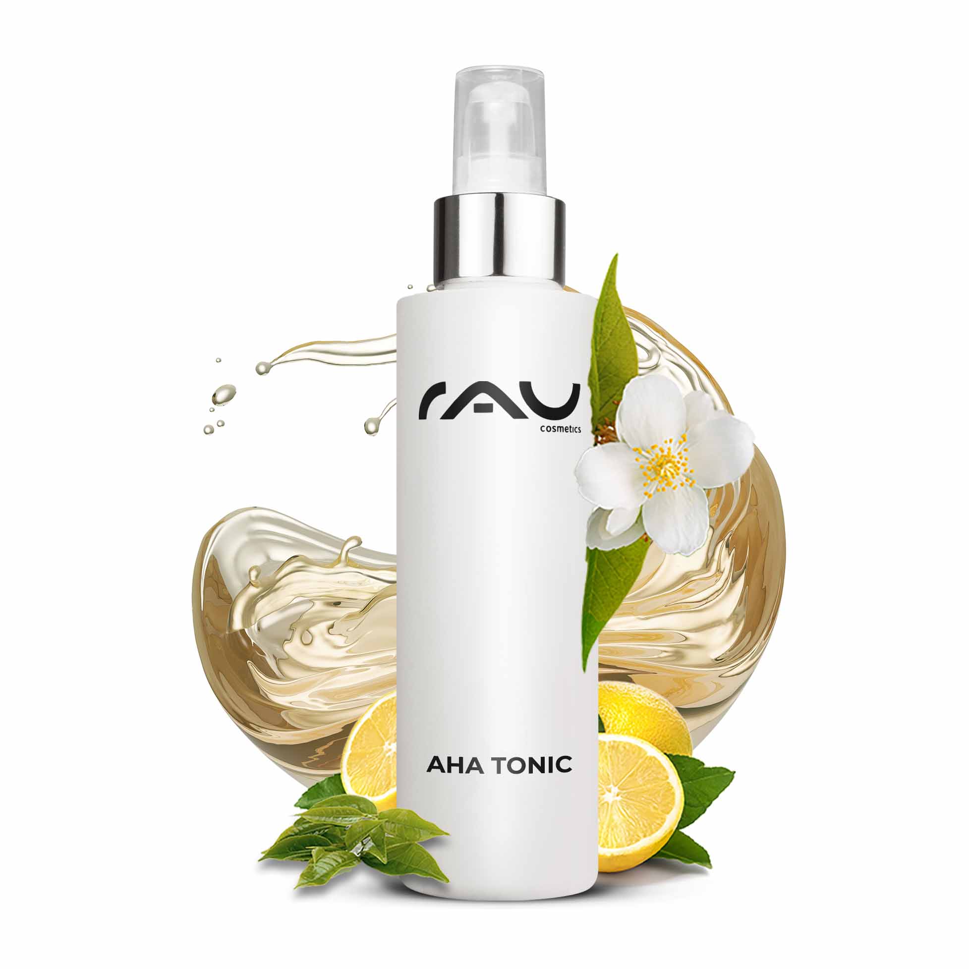 아하 토닉 200ml - 노화 방지 효과가 있는 토너 AHA Tonic 200-ml-Flasche mit weißem Etikett und RAU-Logo, umgeben von Zitronenscheiben, grünen Blättern und floralen Elementen, die die Vorteile der Hautverjüngung und des Peelings betonen.