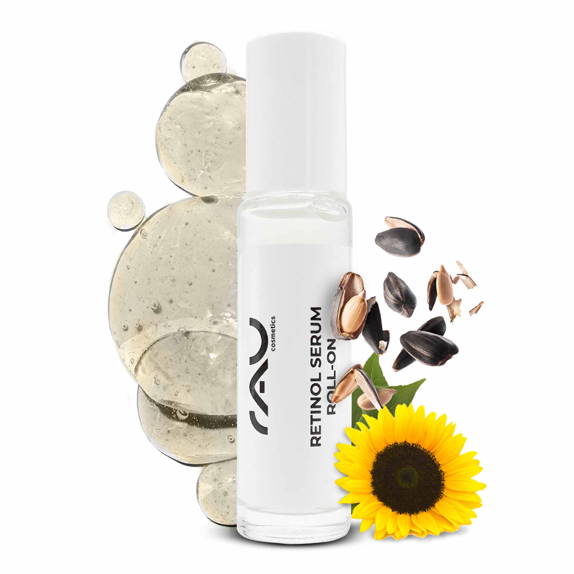 레티놀 세럼 100ml - 건조하고 성숙한 피부를 위한 비타민 A 세럼 Retinol Serum Roll-On von RAU Cosmetics mit Sonnenblumenkernen und -samen, mit gelartiger Textur, entwickelt zur Verbesserung der Hautelastizität und Feuchtigkeitsversorgung.