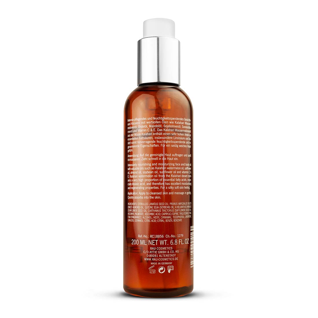Kalhari_Watermelon_FaceBodyOil_RC18856_back Kalahari Wassermelonen-Gesichts- und Kรถrperรถl 200 ml, intensiv pflegend und feuchtigkeitsspendend, mit รคtherischen รlen, Vitamin C und E, fรผr alle Hauttypen geeignet, fรผr schnelles Einziehen ohne Fetten konzipiert.