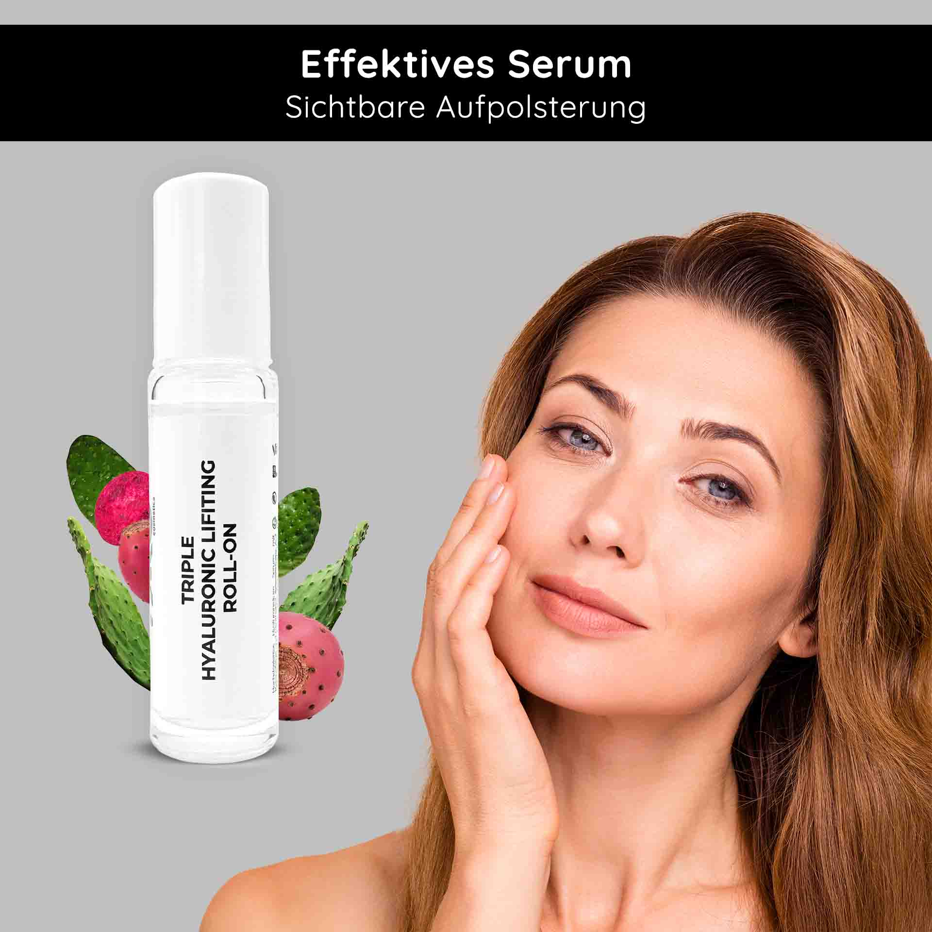 Triple Hyaluronic Serum Roll-On 10 ml mit 3-fach Hyaluronsäuren Dreifach-Hyaluron-Lifting-Serum-Roll-On 10 ml mit einer Frau, die Serum auf ihr Gesicht aufträgt, umgeben von Kaktusfrüchten, wodurch die effektiven Anti-Aging- und Feuchtigkeitsvorteile hervorgehoben werden.