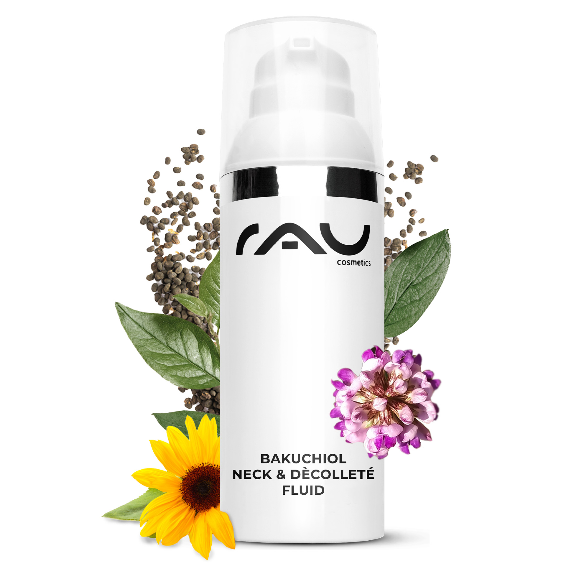 Bakuchiol Neck- & Dekolletee  Fluid 50 ml Gel bei Halsfalten Krรคuterig, Pflanze, Blume, Flasche, Shaker