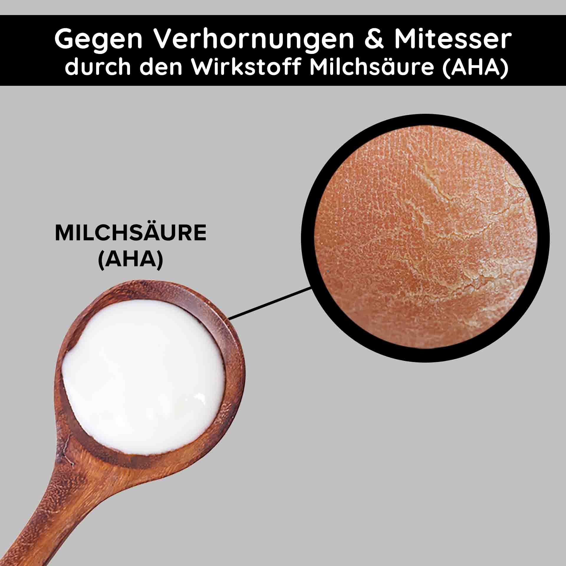칙칙한 안색을 위한 O2 모이스트 플루이드 50ml 데이 크림 Milchsaüre (AHA) in Holzlöffel mit Nahaufnahme von Hauttextur, betont die Wirkung gegen Verhornungen und Mitesser für verbesserte Hautpflege.