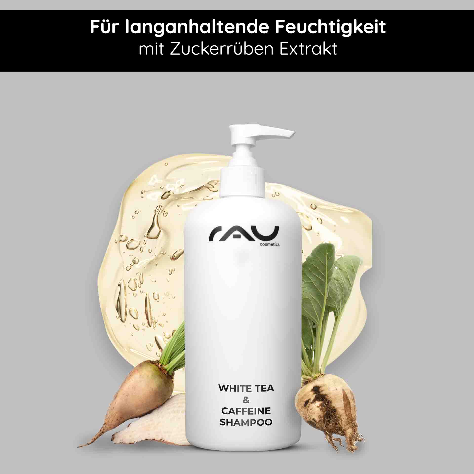 White Tea & Caffeine Hair Shampoo 500 ml  Flasche mit White Tea & Caffeine Shampoo mit Pumpe, umgeben von Zuckerrüben- und Weißteeblättern, fördert die Feuchtigkeitsversorgung und Kopfhautpflege, ganz im Sinne des Fokus von RAU Cosmetics auf wirksame Lösungen für die Haargesundheit.