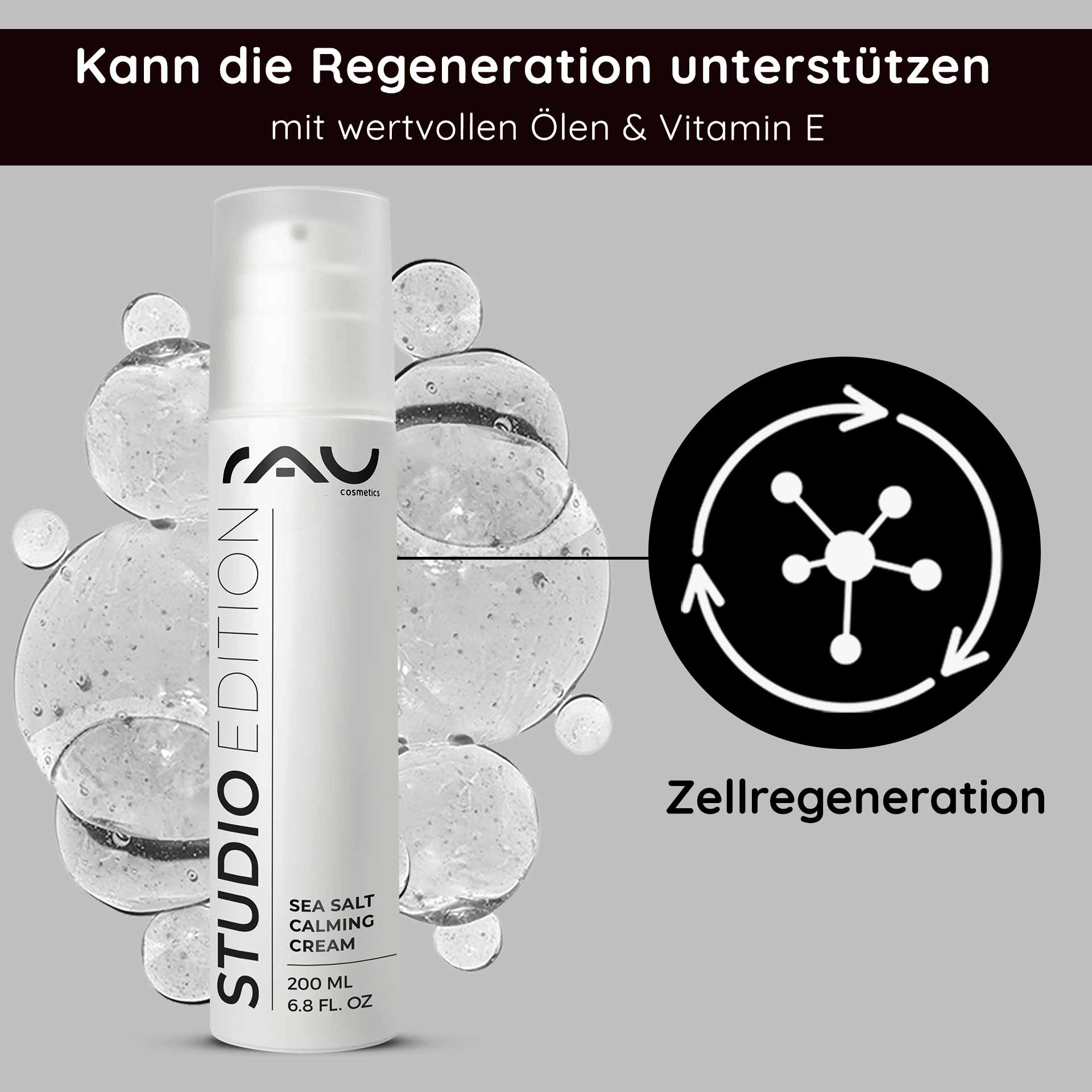 바다 소금과 PHA가 함유된 씨솔트 카밍 크림 200ml RAU Cosmetics Sea Salt Calming Cream, 200-ml-Verpackung mit Blasen, die die Vorteile der Hautregeneration mit Ölen und Vitamin E hervorhebt.