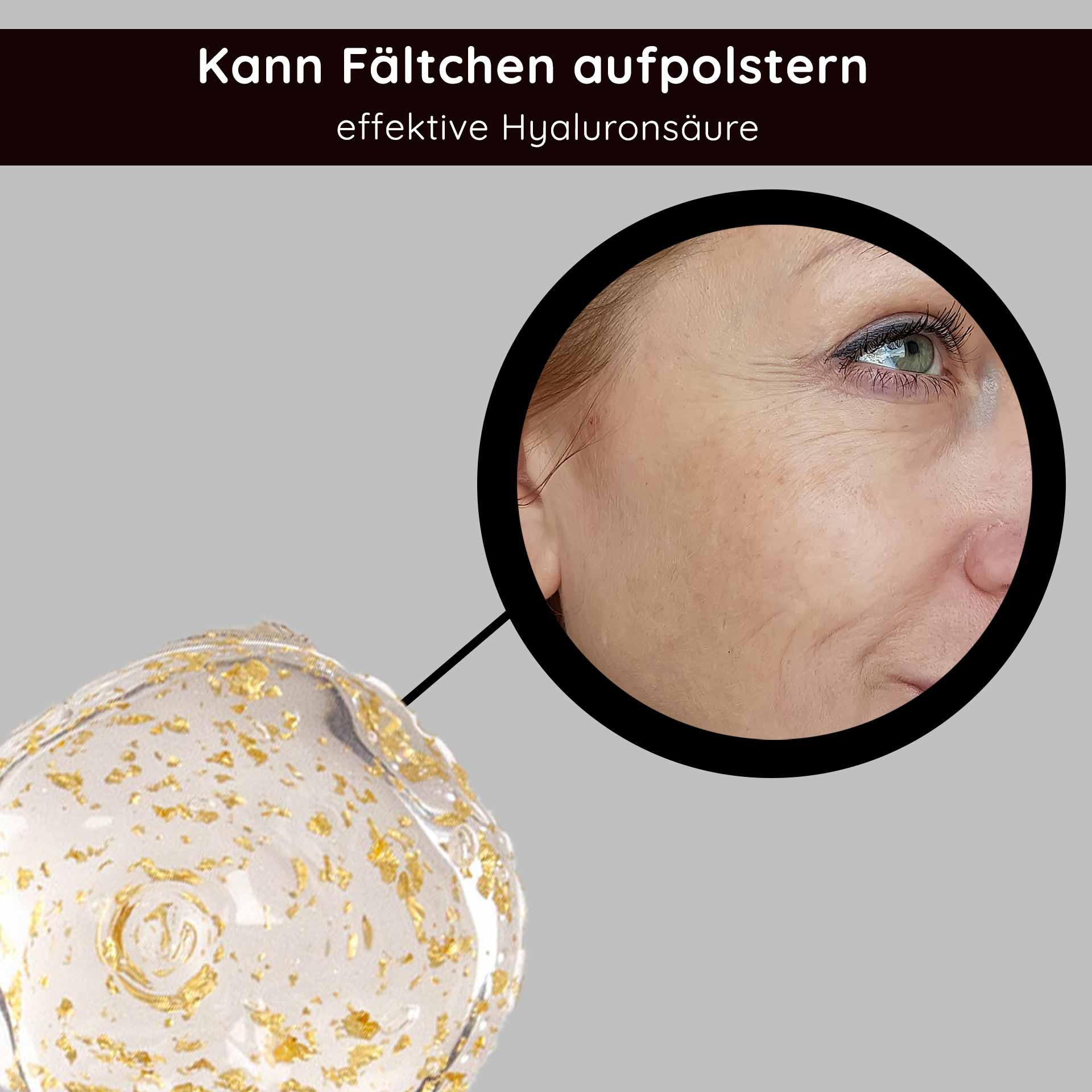 Golden Hyaluron Gel 50 ml Anti-Aging-Gel mit 23kt Gold Goldenes Hyalurongel mit 23 Karat Gold, das seine Anti-Aging-Eigenschaften und seine Wirksamkeit beim Aufpolstern feiner Linien hervorhebt, neben einer Nahaufnahme der Verbesserung der Hautstruktur.