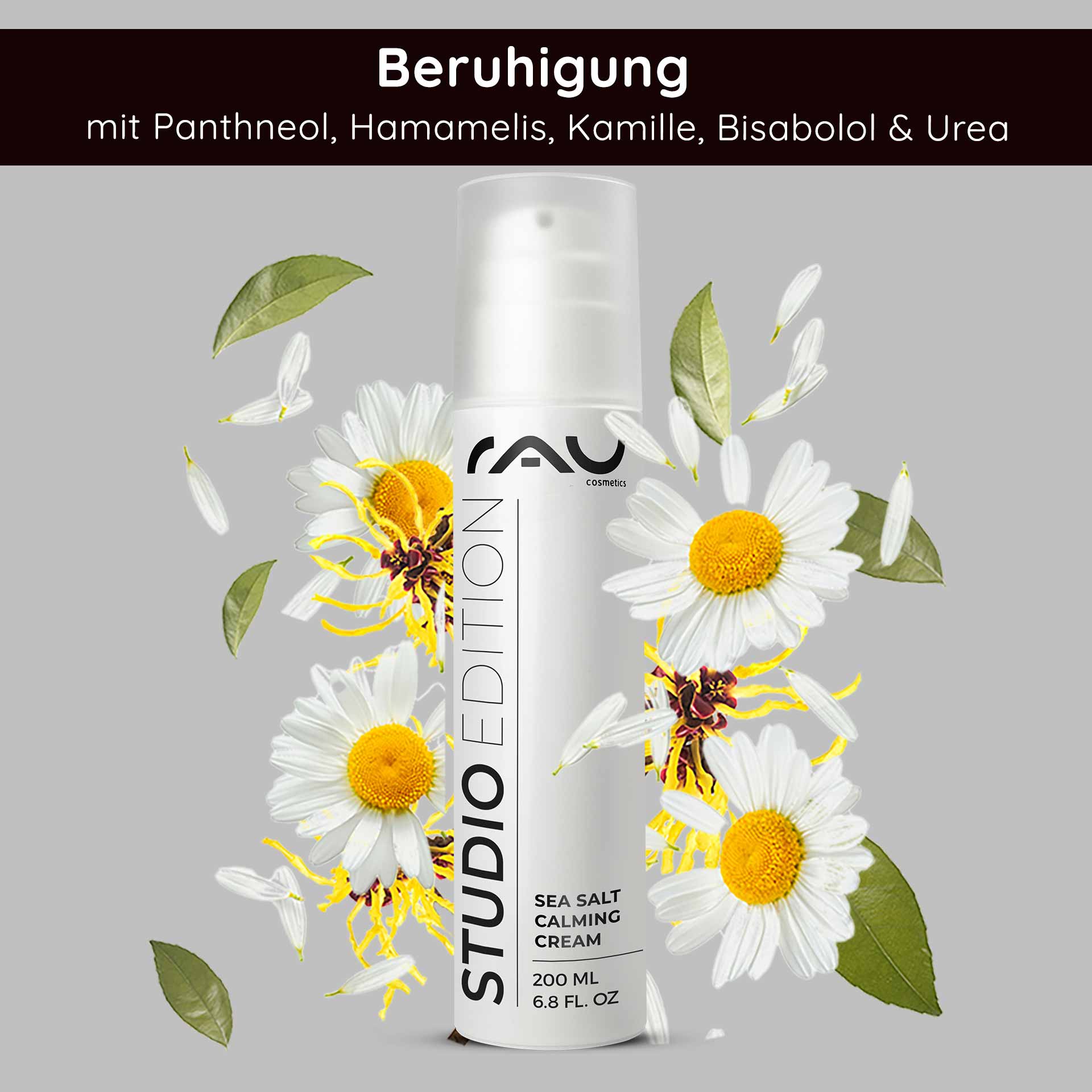 바다 소금과 PHA가 함유된 씨솔트 카밍 크림 200ml RAU Cosmetics Sea Salt Calming Cream 200 ml mit beruhigenden Inhaltsstoffen wie Panthenol, Hamamelis und Kamille, umgeben von floralen Elementen, die ihre Vorteile für trockene und empfindliche Haut hervorheben.