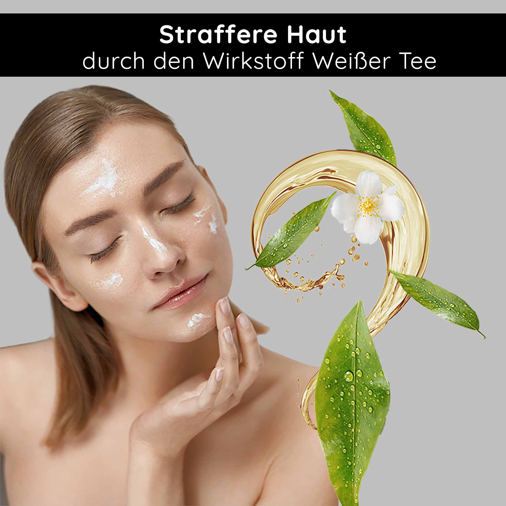 건조하고 잡티가 있는 피부를 위한 화이트 티 크림 50ml 안티에이징 24시 크림 Frau mit Creme auf dem Gesicht, umgeben von weißen Teeblättern und Blüten, betont die Hautstraffung durch die Wirkung von weißem Tee, passend zur RAU Cosmetics White Tea Cream.