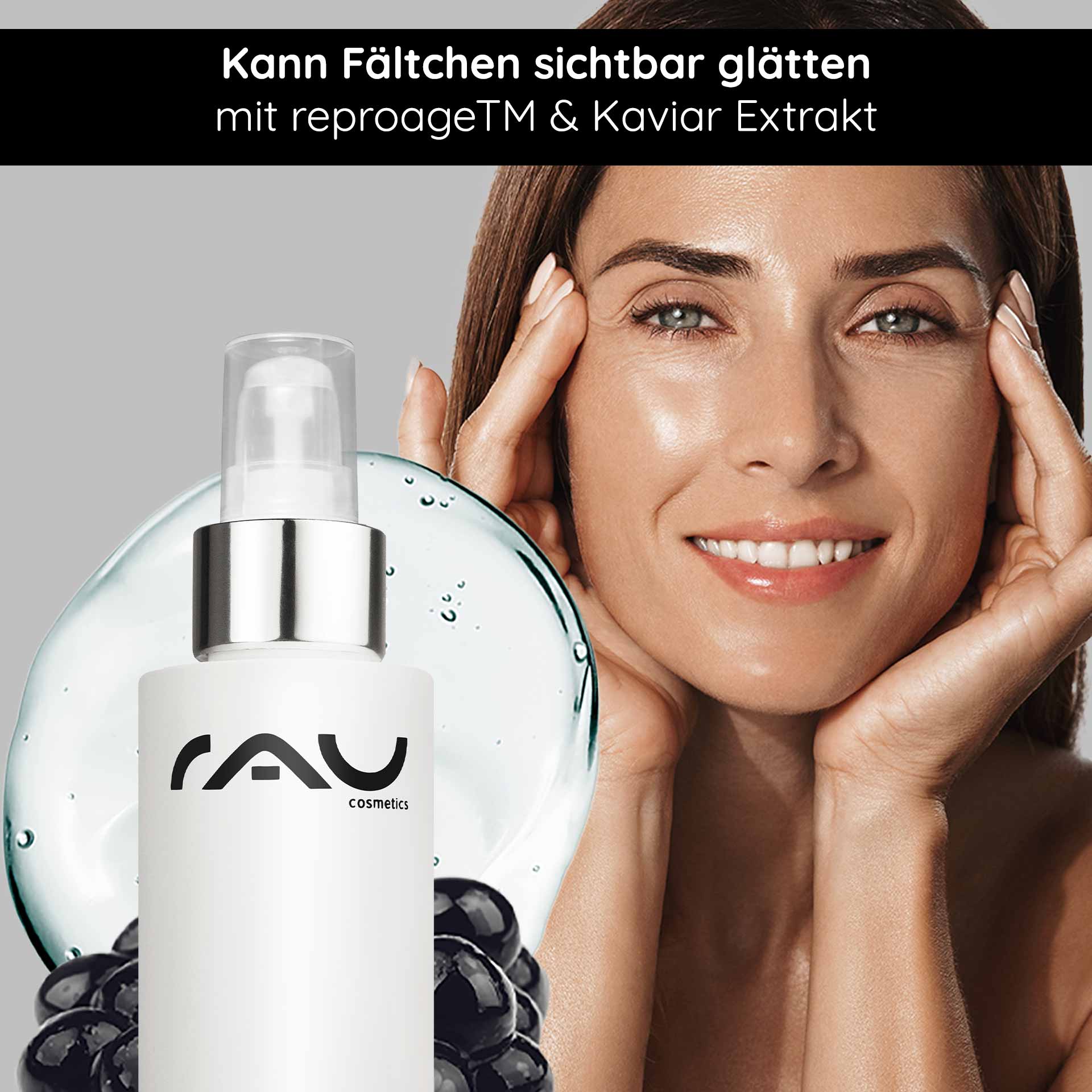 Caviar Lifting Serum 100 ml mit Reproage & Kaviar-Extrakt Frau mit strahlendem Gesicht, die das RAU Cosmetics Caviar Lifting Serum anwendet, um Fältchen sichtbar zu glätten; enthält Reproage™ und Kaviar-Extrakt.