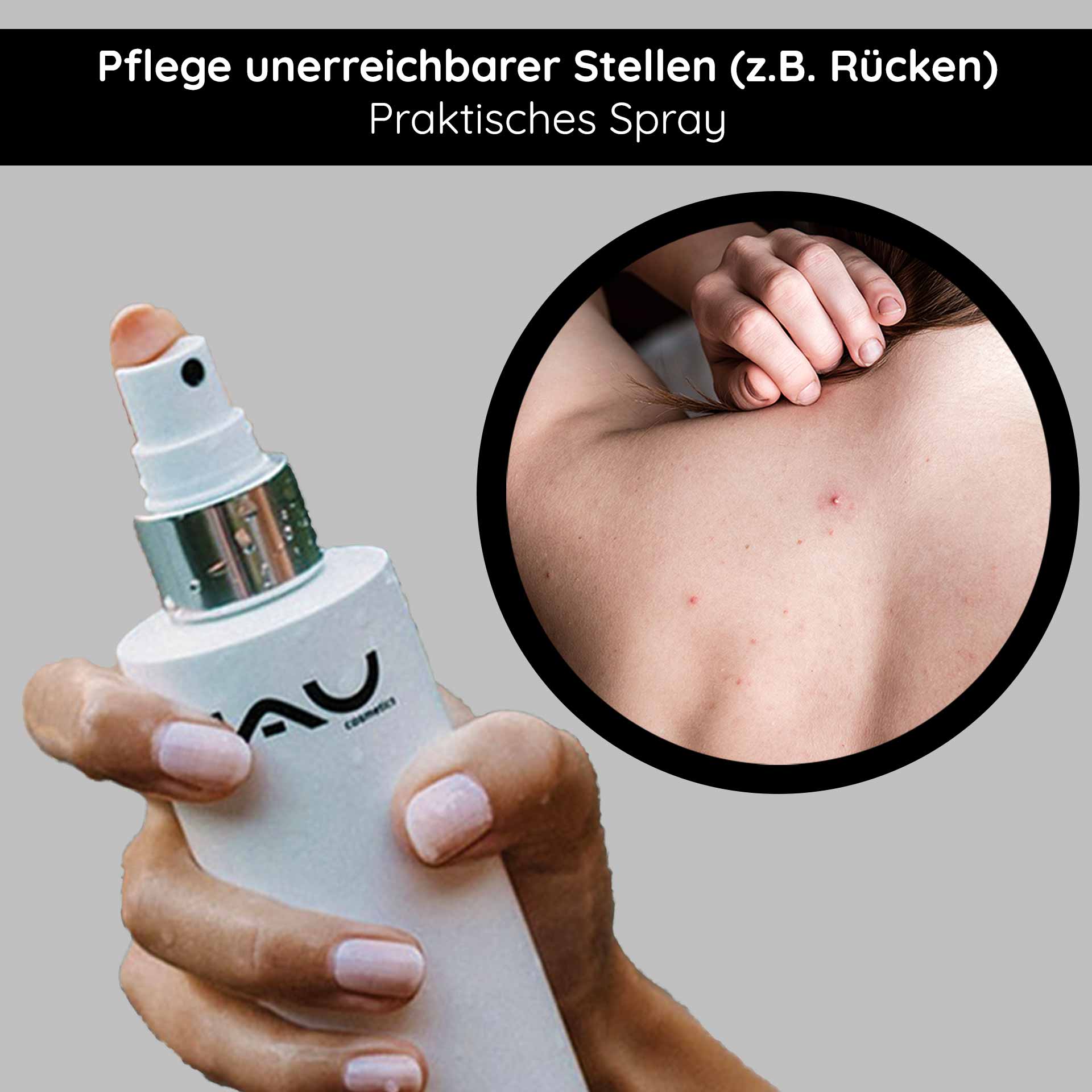 Silver Face & Body Spray 200 ml mit Panthenol & Microsilber Halten Sie das RAU Cosmetics Silver Face & Body Spray in der Hand, das für die Behandlung schwer erreichbarer Bereiche wie dem Rücken entwickelt wurde und Vorteile bei Hautirritationen und Akne bietet.