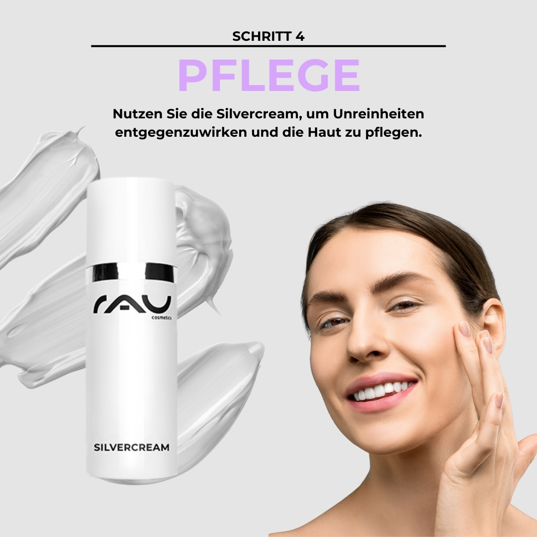 Profi Pflegeroutine für unreine trockene Haut Pflegeprodukt für unreine Haut, RAU Silvercream mit Anwendungshinweis, lächelnde Frau, die die Creme aufträgt.