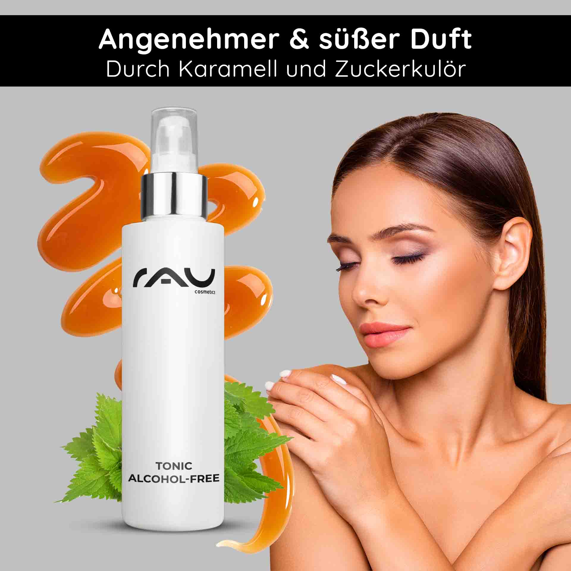 쐐기풀 추출물이 함유된 토닉 무알콜 200ml RAU Cosmetics Tonic alkoholfreie Flasche mit Karamell und Zuckersirup, Frau mit glatter Haut, frische Minzblätter, betont sanfte und effektive Hautpflege für empfindliche Haut.