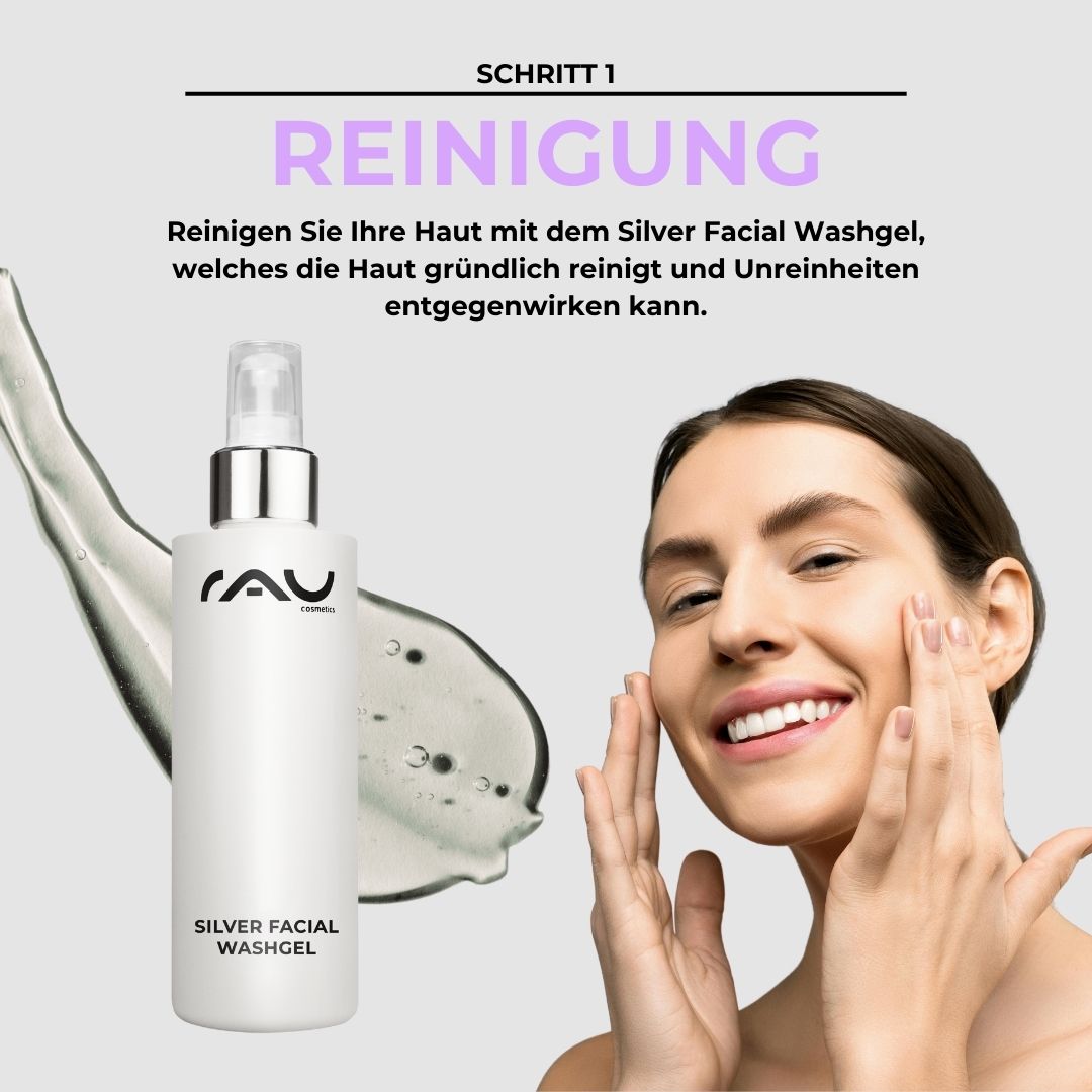 Basis Pflegeroutine für unreine fettige Haut Frau mit strahlendem Lächeln, die das RAU Silver Facial Washgel auf ihr Gesicht aufträgt, um unreine Haut zu reinigen; im Hintergrund eine sanfte, transparente Geltextur.