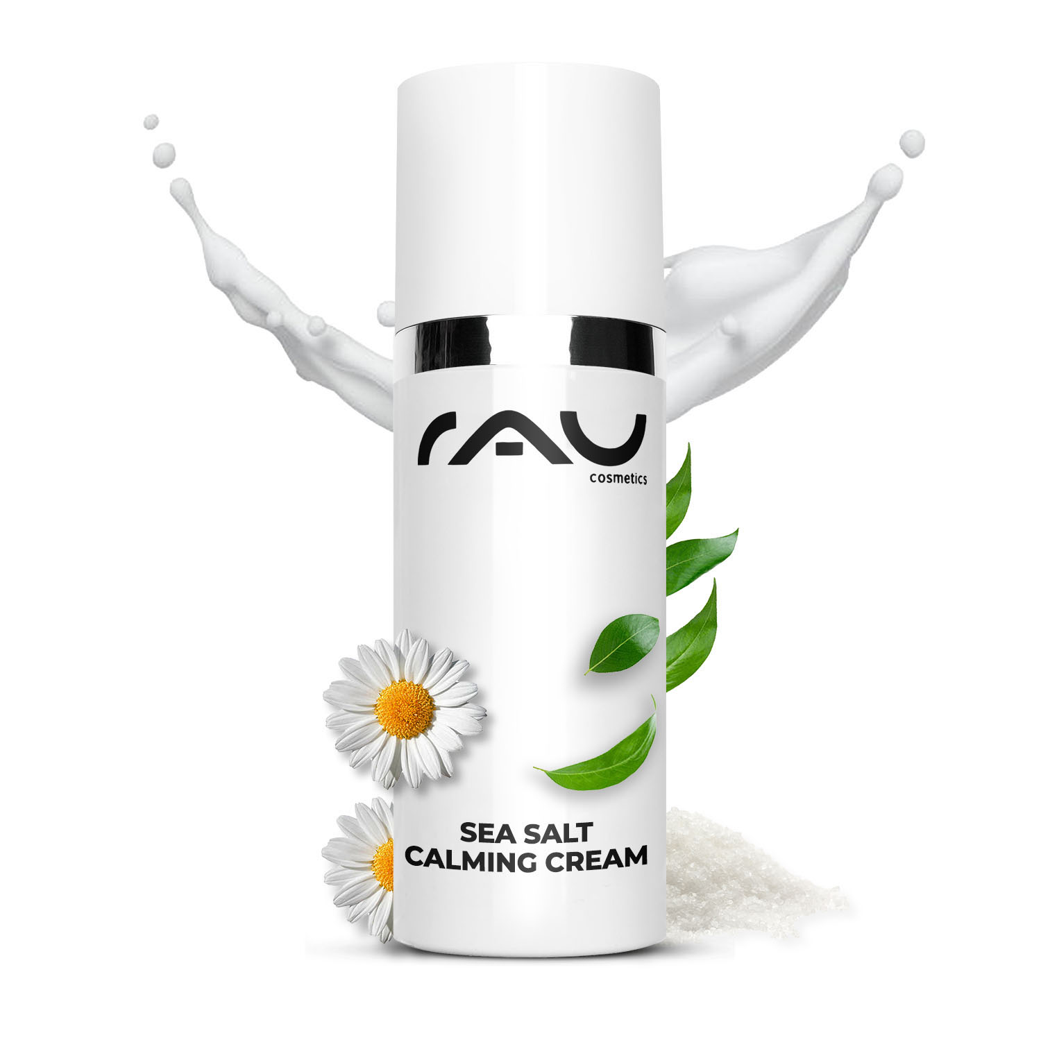 Sea Salt Calming Cream 50 ml Gesichtscreme mit Meersalz bei unreiner Haut Flasche der RAU Sea Salt Calming Cream mit Kamillenblüten, Meersalz und grünen Blättern, die die beruhigenden und feuchtigkeitsspendenden Eigenschaften für empfindliche Haut betont.