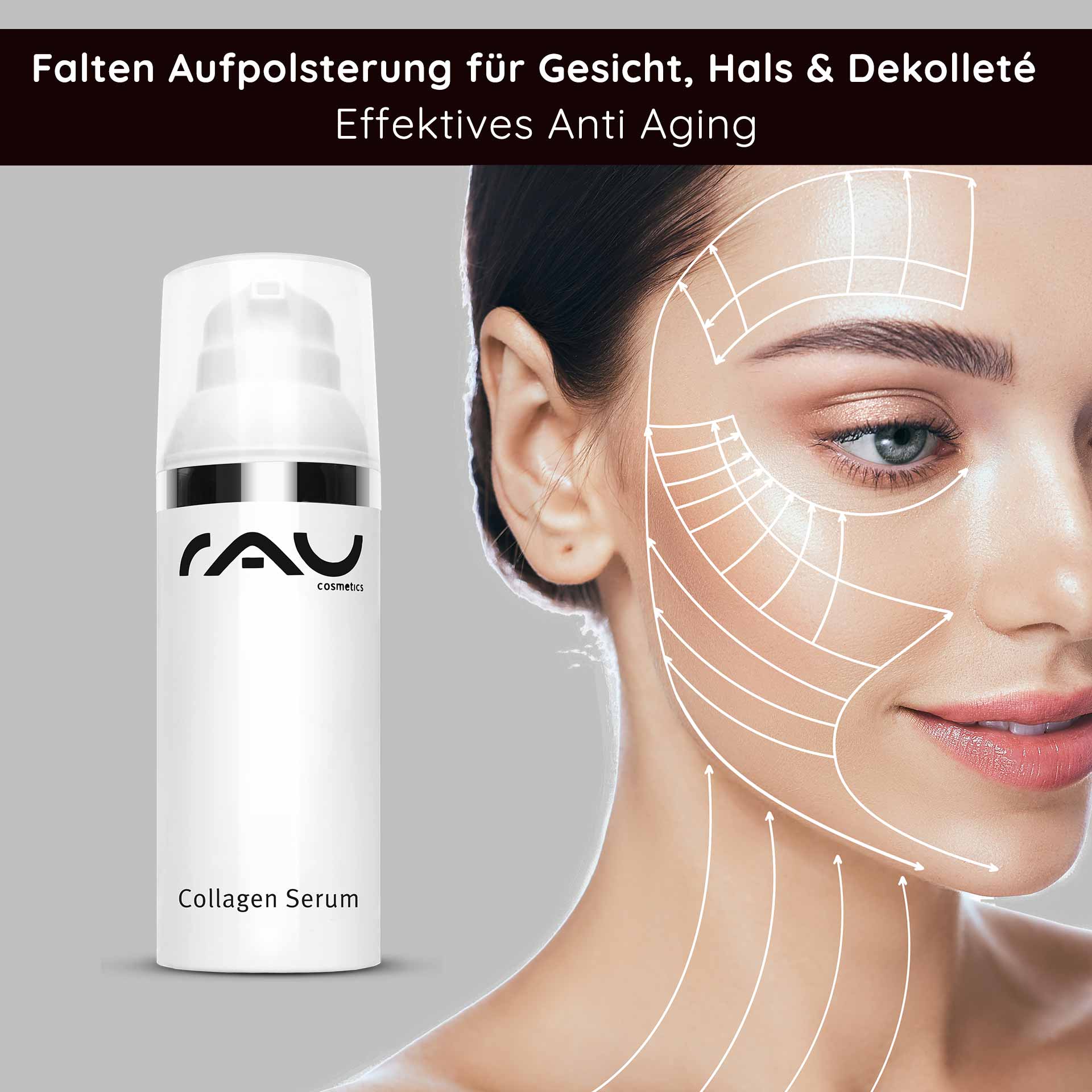 Collagen Serum 50 ml Anti-Aging Kur mit Trylagen Collagen Serum von RAU Cosmetics mit Faltenaufpolsterung fรผr Gesicht, Hals und Dekolletรฉ, Anti-Aging Wirkung, Anwendungshinweise und Hautpflegegrafik.