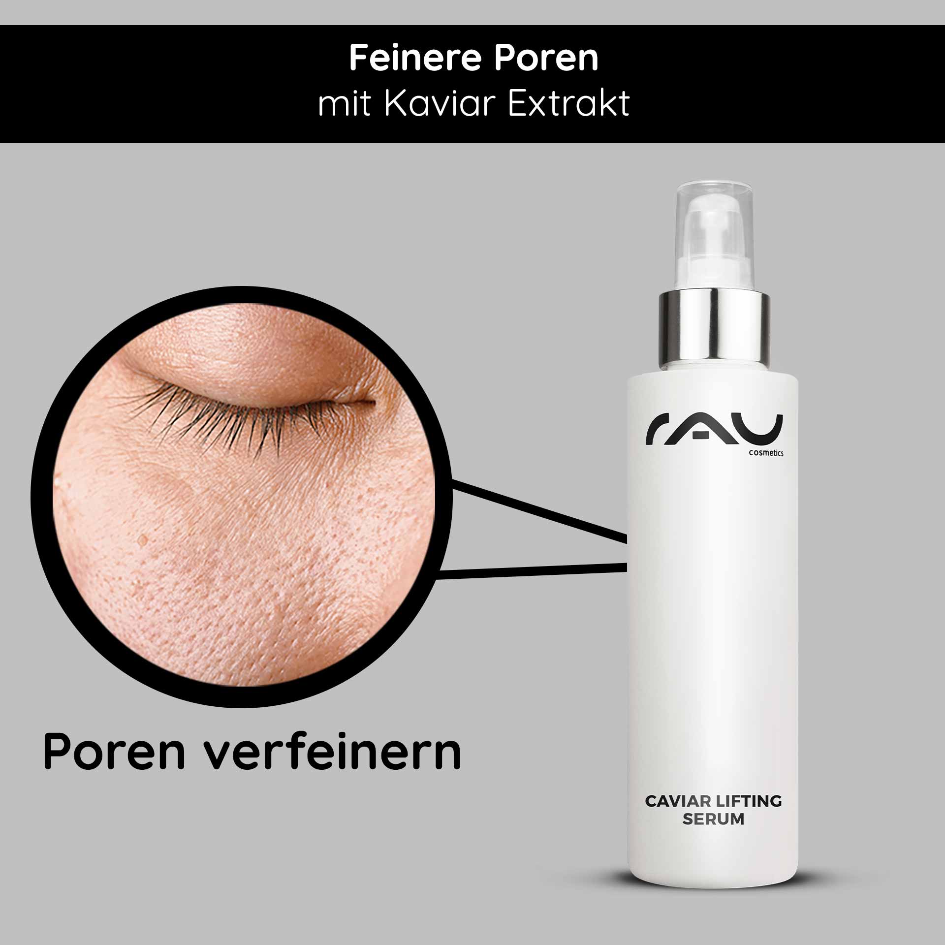 Caviar Lifting Serum 100 ml mit Reproage & Kaviar-Extrakt Caviar Lifting Serum von RAU Cosmetics mit Fokus auf feine Poren und Kaviarextrakt, mit Schwerpunkt auf Anti-Aging-Vorteilen.