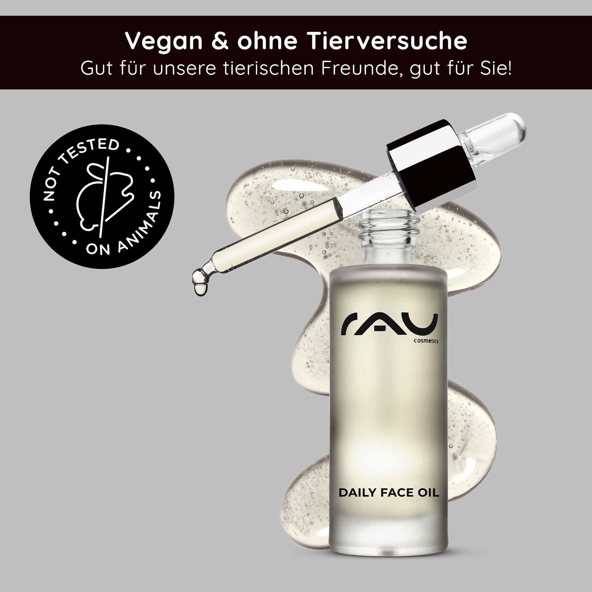 Daily Face Oil 30 ml Pflegendes Gesichts-Öl für die Nacht mit Lavendel Flasche RAU Daily Face Oil mit Pipette und transparentem Öl, vegan und ohne Tierversuche, auf grauem Hintergrund.