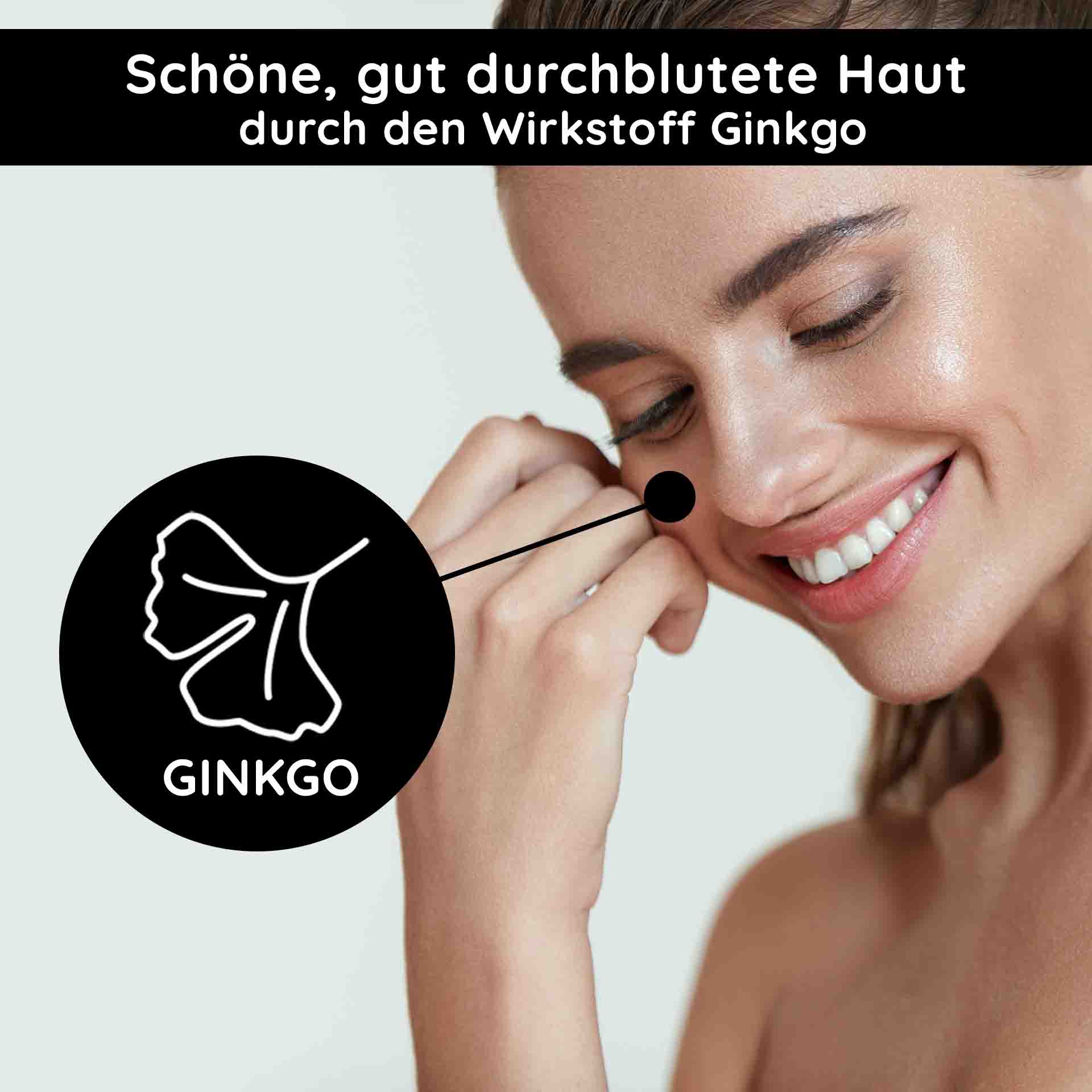 칙칙한 안색을 위한 O2 모이스트 플루이드 50ml 데이 크림 Frau mit strahlendem Teint, die Ginkgo-Extrakt auf die Haut aufträgt, betont durch Text "Schöne, gut durchblutete Haut durch den Wirkstoff Ginkgo".