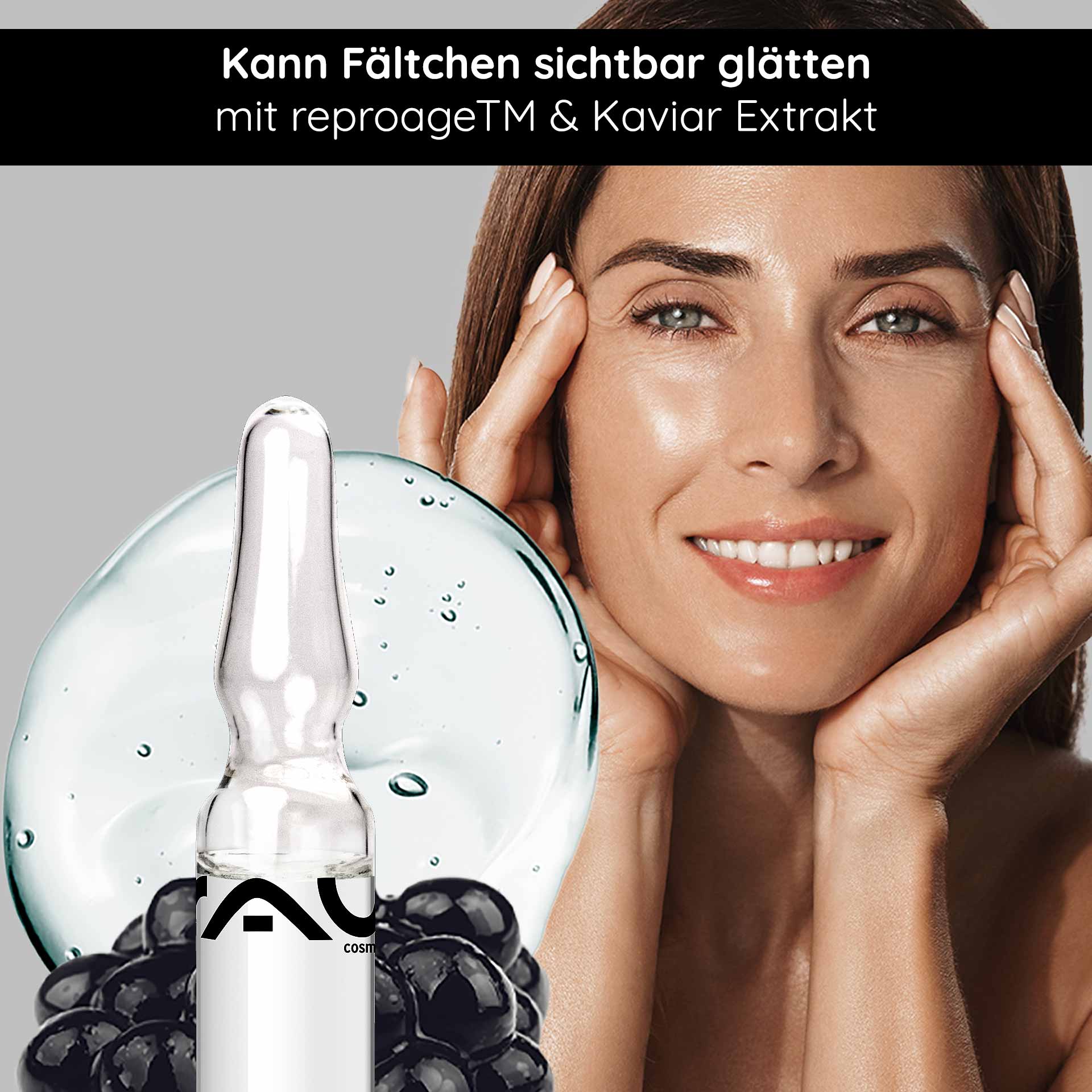 Caviar Lifting Ampullen 10x2 ml Anti-Aging & Reproage Frau mit strahlendem Gesicht und Händen an den Wangen, präsentiert RAU Caviar Lifting Ampullen, um Fältchen zu glätten, mit Kaviarextrakt und reproage™ Wirkstoffkomplex.