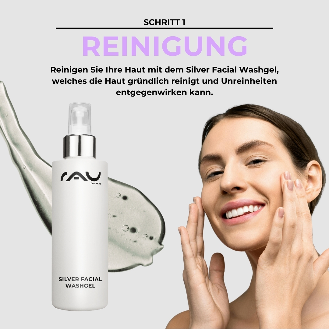 Profi Pflegeroutine für unreine trockene Haut Frau mit fröhlichem Gesicht reinigt ihre Haut mit RAU Cosmetics Silver Facial Washgel, um trockene und unreine Haut zu behandeln.
