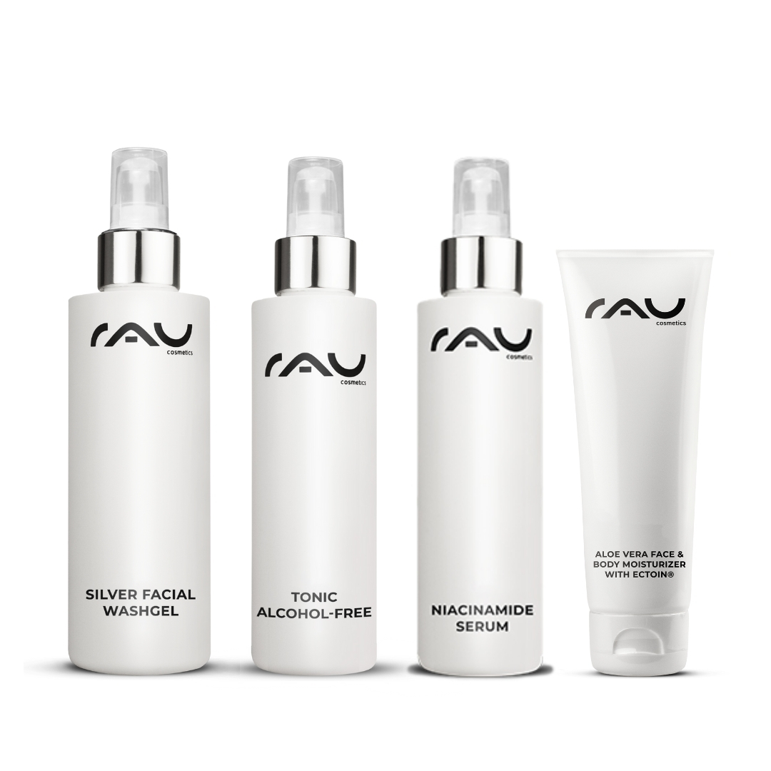 Advanced Pflegeroutine für Mischhaut RAU Cosmetics Advanced Pflegeroutine für Mischhaut mit Silver Facial Washgel, alkoholfreiem Tonic, Niacinamid-Serum und Aloe Vera-Feuchtigkeitscreme, entwickelt für die Pflege von Mischhaut.