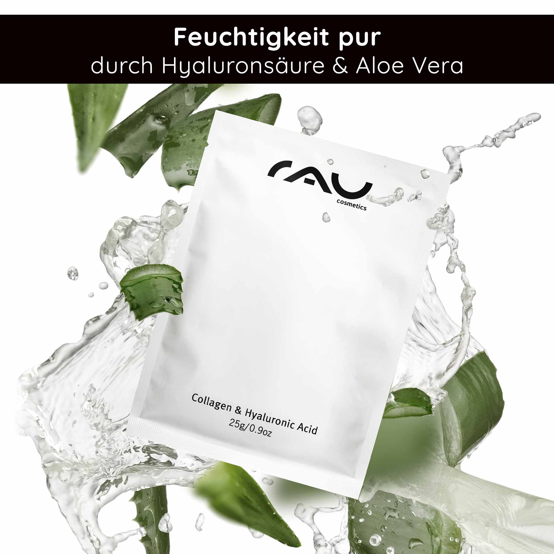 Collagen & Hyaluronic Acid Mask Vliesmaske mit Panthenol Verpackung der Collagen- und Hyaluronsäure-Maske mit RAU Cosmetics-Logo, umgeben von Aloe-Vera-Blättern und Wasserspritzern, die die intensive Feuchtigkeitsversorgung und die Anti-Aging-Vorteile betonen.