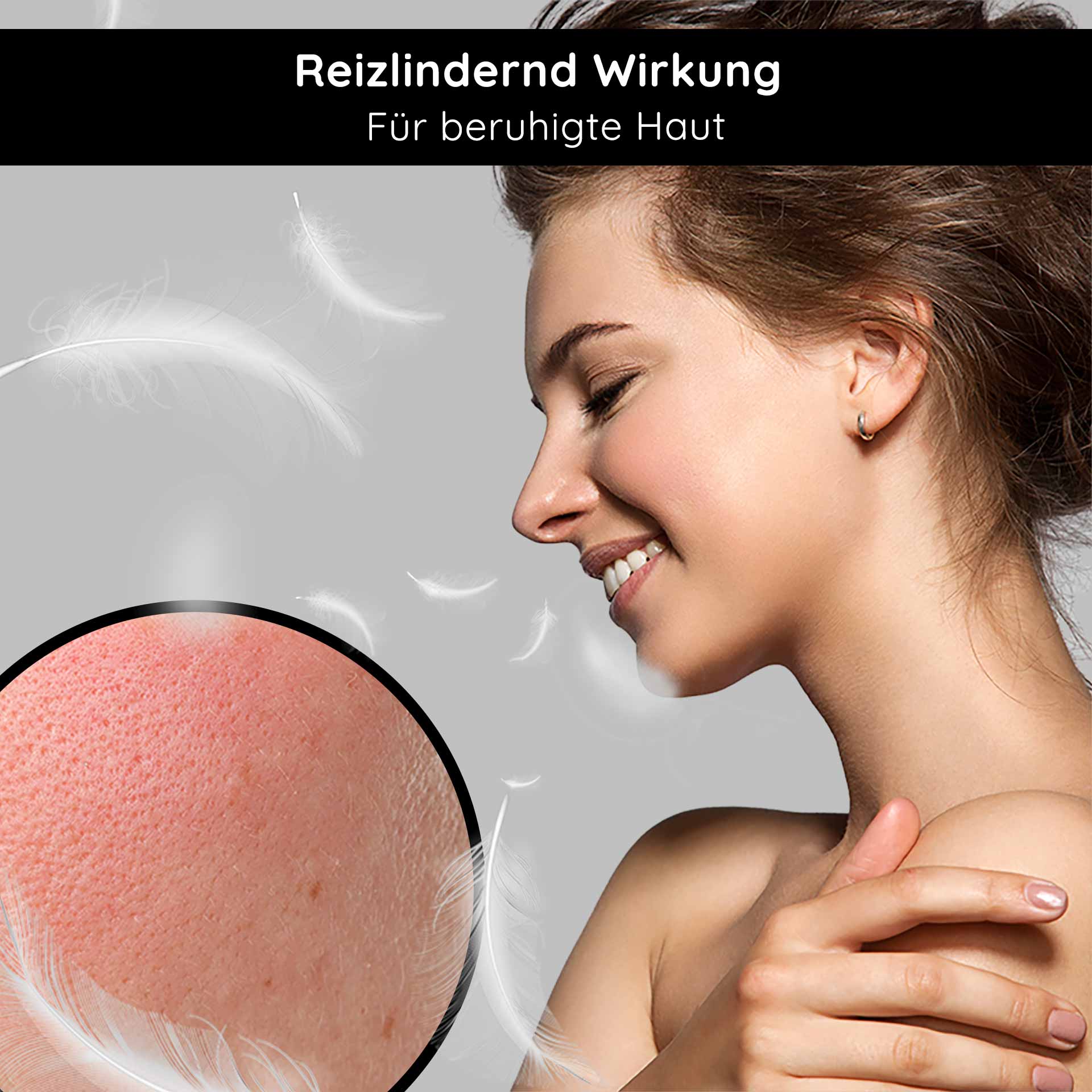 Balancing & Mattifying Gel mit BHA 75 ml - Gesichtspflege bei unreiner und fettiger Haut mit Salicylsäure für die Nacht Reizlindernd wirkende Frau mit beruhigter Haut und Hautnahaufnahme zur Verfeinerung der Poren, passend zur RAU Cosmetics Gesichtscreme für unreine und fettige Haut.