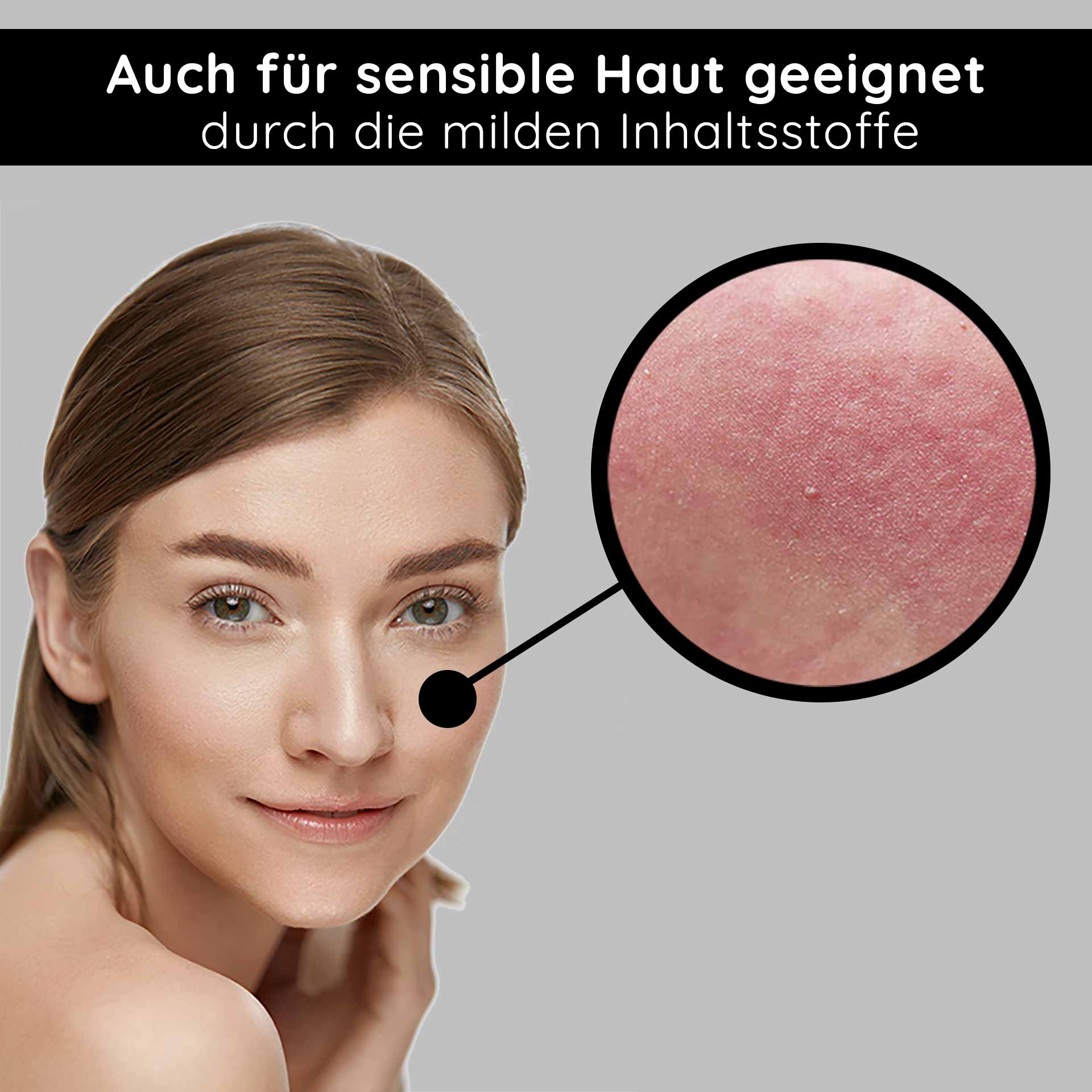 건조하고 잡티가 있는 피부를 위한 화이트 티 크림 50ml 안티에이징 24시 크림 Frau mit strahlender Haut und sanftem Lächeln, hervorgehoben durch Nahaufnahme empfindlicher Hautpartie, geeignet für sensible Haut, betont die milden Inhaltsstoffe der RAU Cosmetics White Tea Cream.