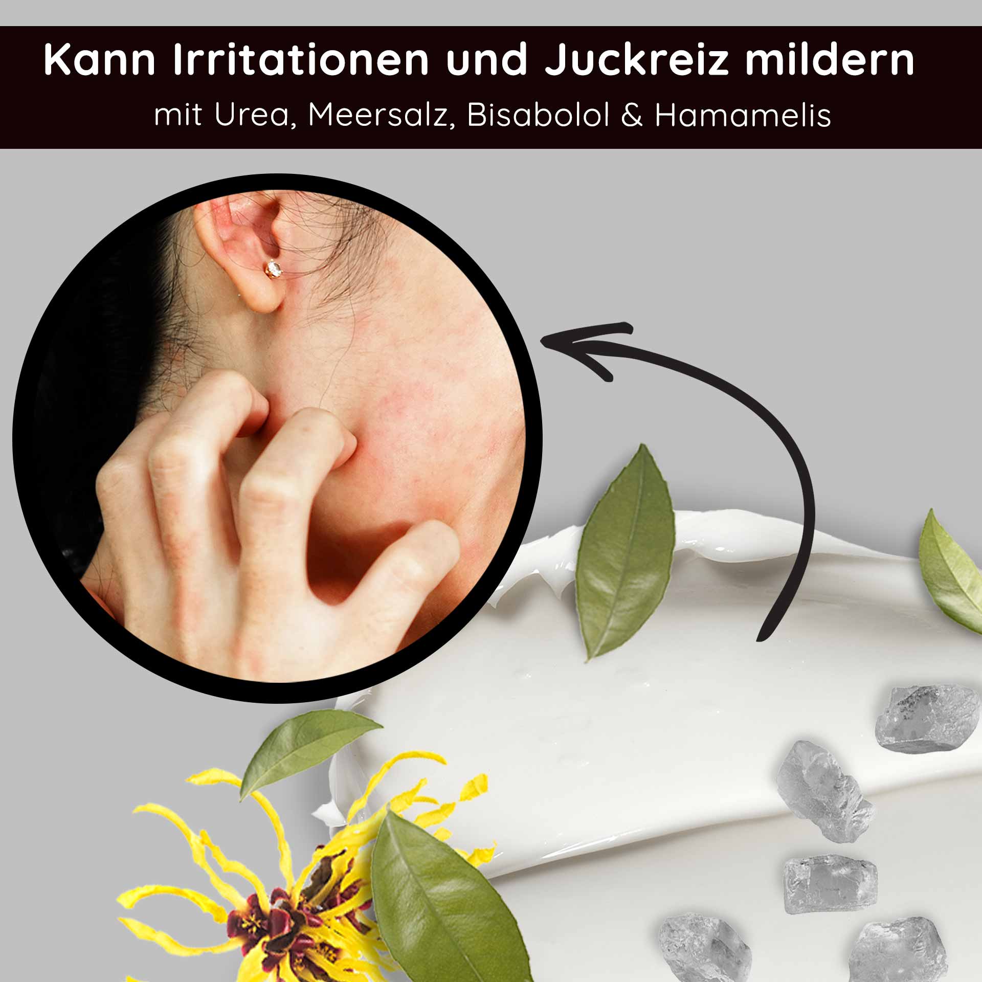 바다 소금과 PHA가 함유된 씨솔트 카밍 크림 200ml Frau kratzt sich am Hals, umgeben von beruhigenden Inhaltsstoffen wie Urea, Meersalz, Bisabolol und Hamamelis, mit Hinweis auf die Linderung von Irritationen und Juckreiz.