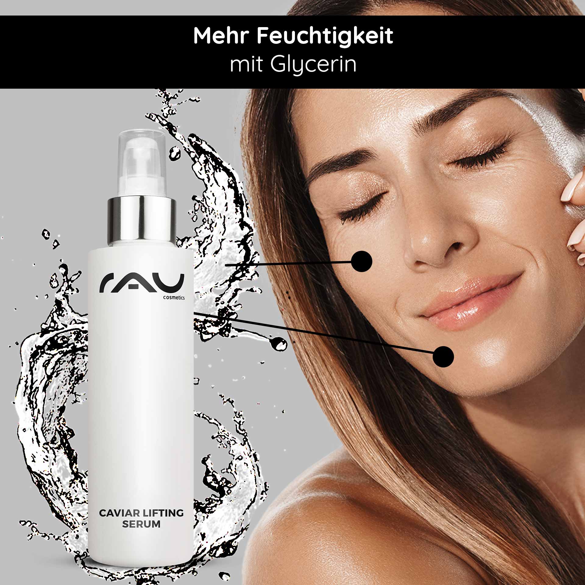 Caviar Lifting Serum 100 ml mit Reproage & Kaviar-Extrakt Flasche des RAU Cosmetics Caviar Lifting Serum mit Serum zum Auftragen auf das Modell, mit Glycerin für Feuchtigkeitsversorgung und Anti-Aging-Vorteile.