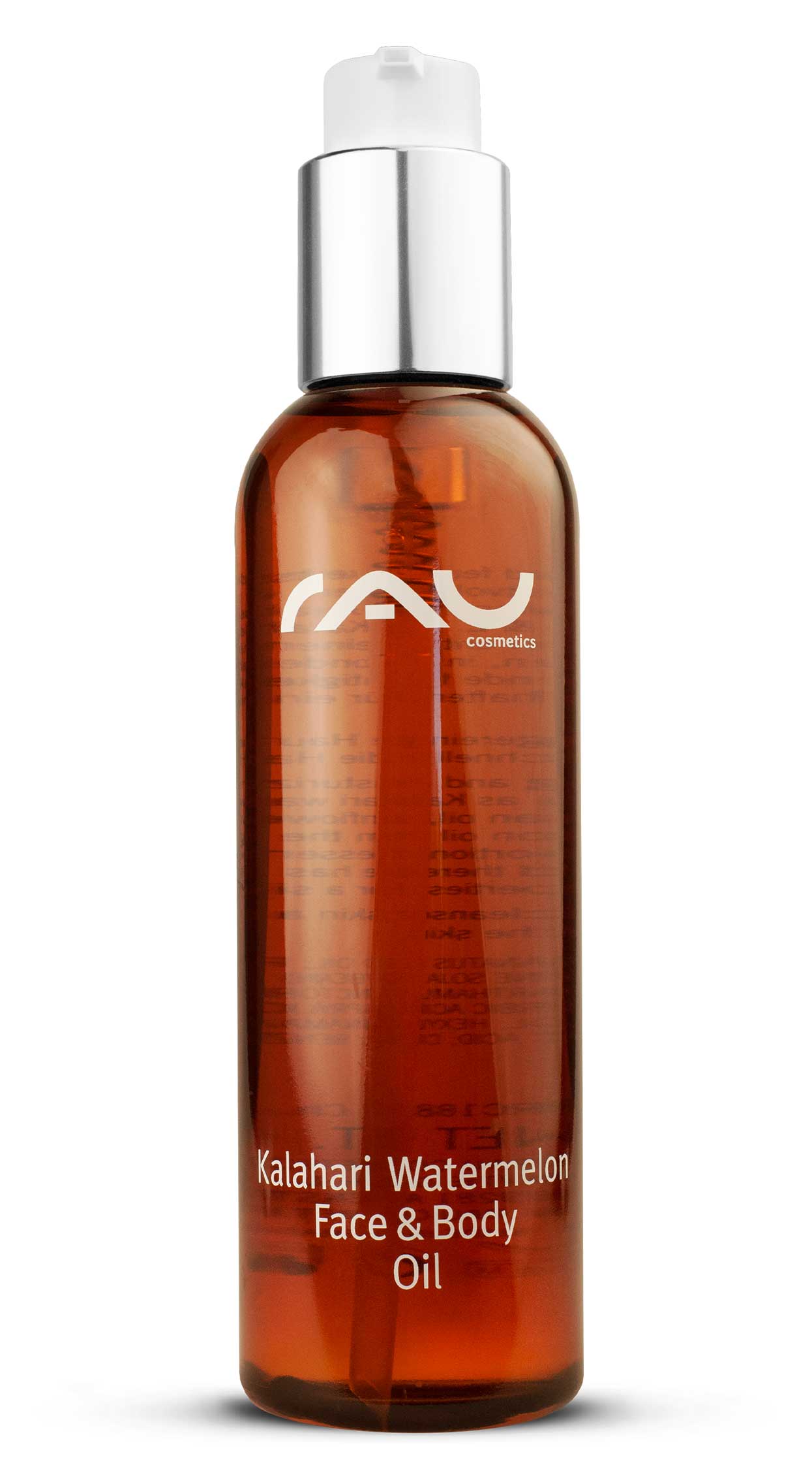 01_Kalahari_Watermelon-face-and-body-oil-COVER7D60pkbJdfiuO Flasche des Kalahari Watermelon Face & Body Oil mit schlankem Design und RAU Cosmetics-Logo, das die feuchtigkeitsspendenden und pflegenden Eigenschaften fรผr alle Hauttypen betont.
