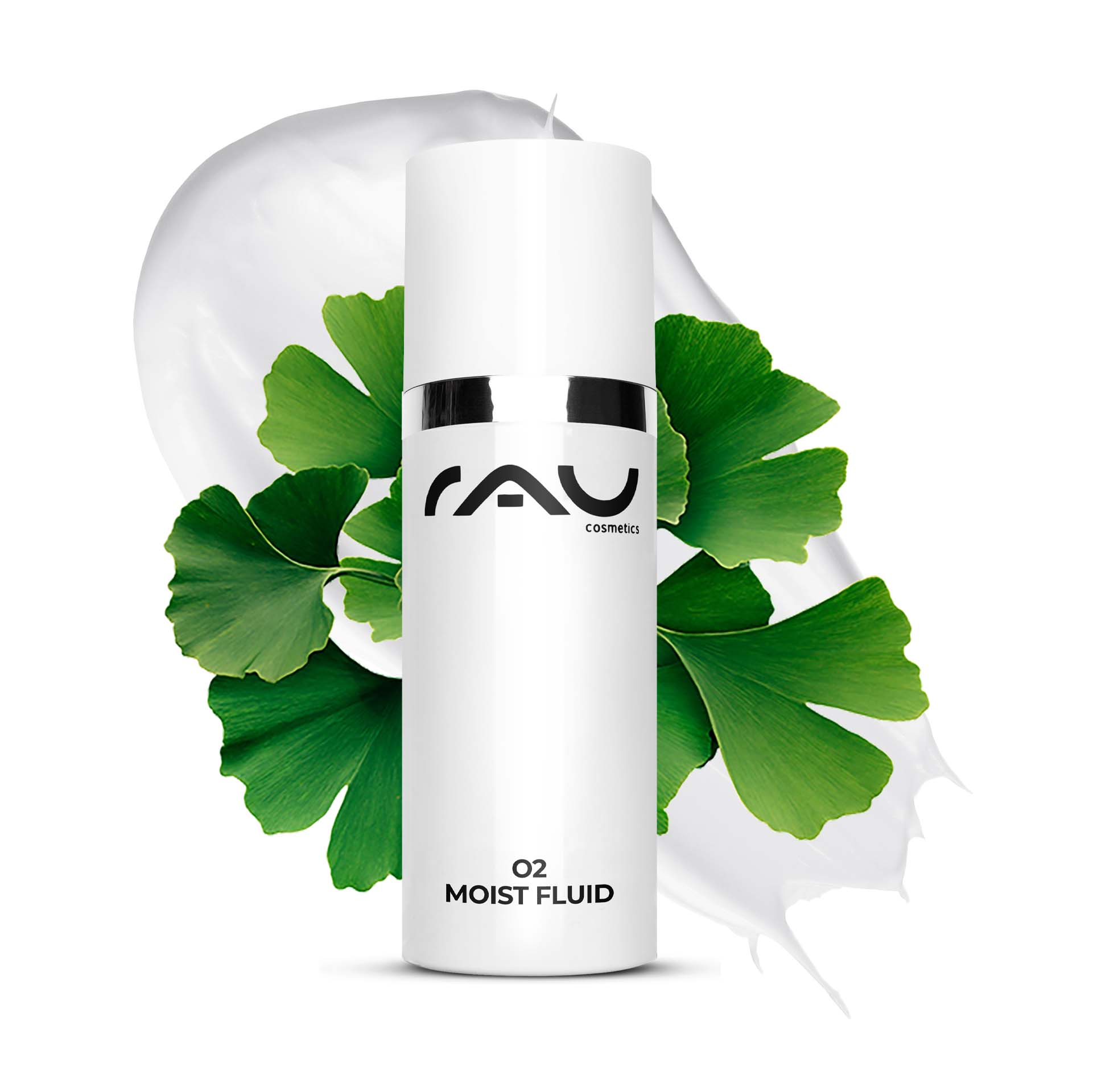 칙칙한 안색을 위한 O2 모이스트 플루이드 50ml 데이 크림 Flasche RAU O2 Moist Fluid mit Ginkgoblättern und cremefarbenem Hintergrund, die die Vorteile der Feuchtigkeitsversorgung und Hautverjüngung für trockene und reife Haut hervorhebt.