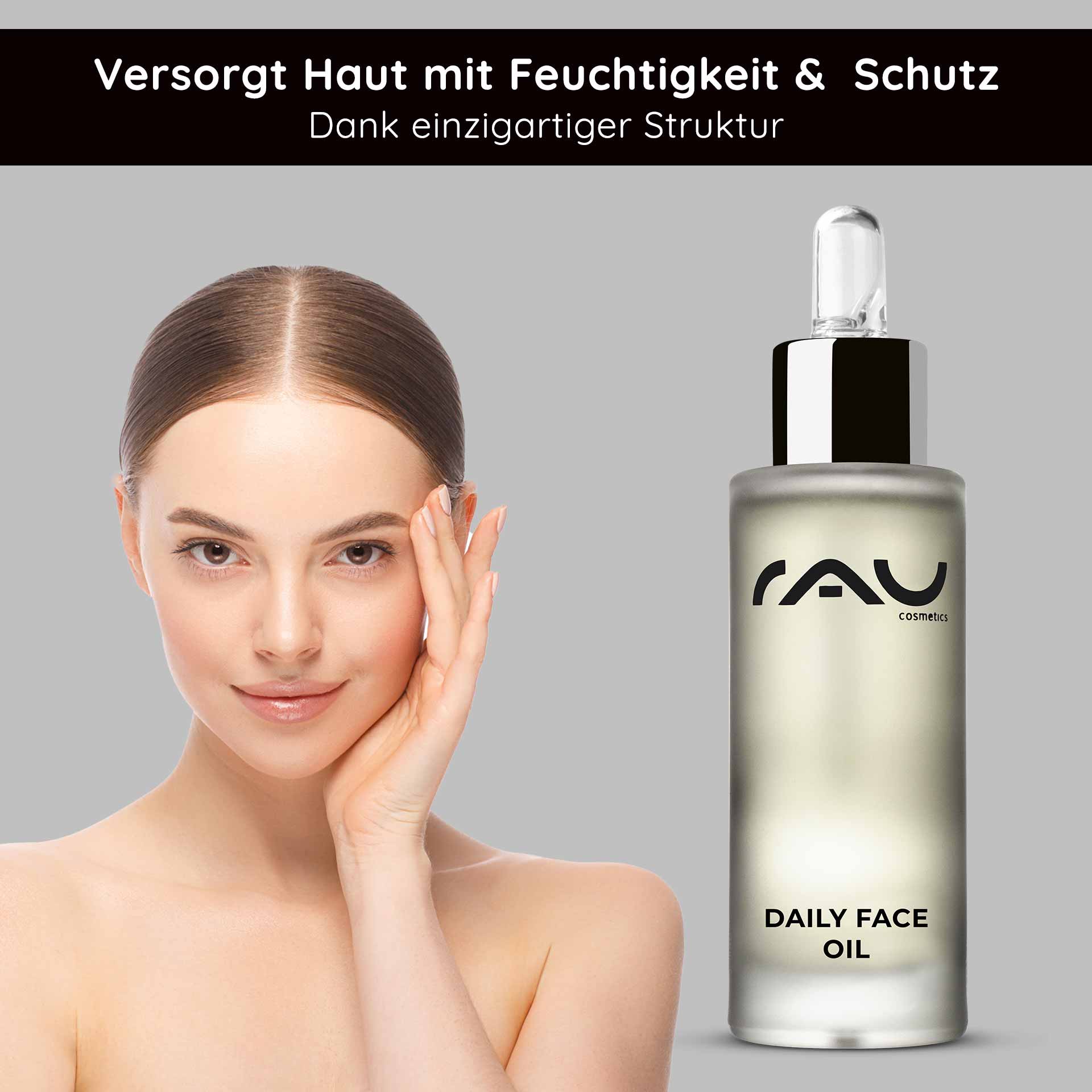 Daily Face Oil 30 ml Pflegendes Gesichts-Öl für die Nacht mit Lavendel Frau mit gepflegtem Gesicht und Daily Face Oil von RAU Cosmetics, das Feuchtigkeit und Schutz bietet, ideal für die Hautpflege.