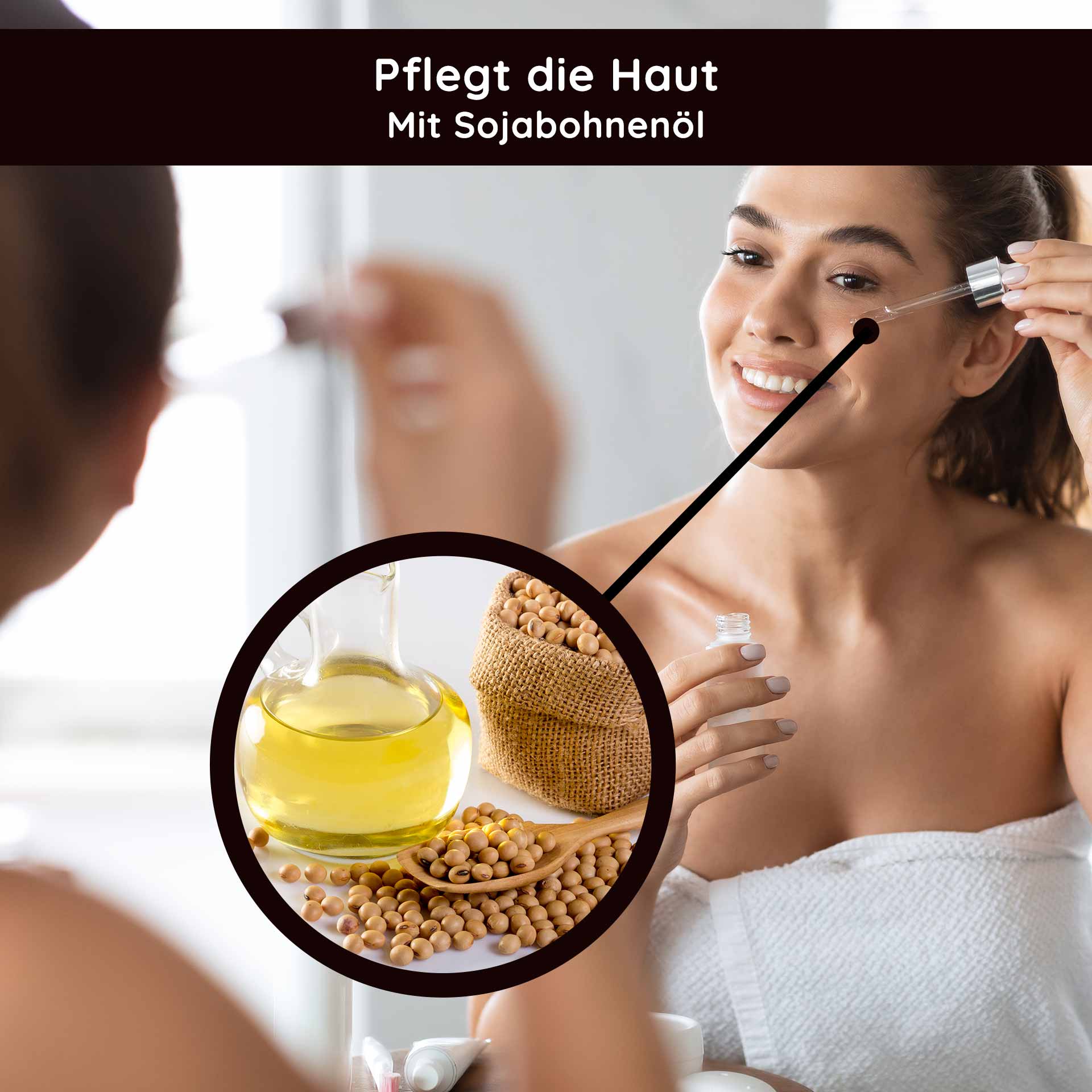 Daily Face Oil 30 ml Pflegendes Gesichts-Öl für die Nacht mit Lavendel Frau mit Gesichtsöl, das Sojabohnenöl enthält, in einem Pflegeritual, lächelnd und im Fokus, während sie das Produkt aufträgt.