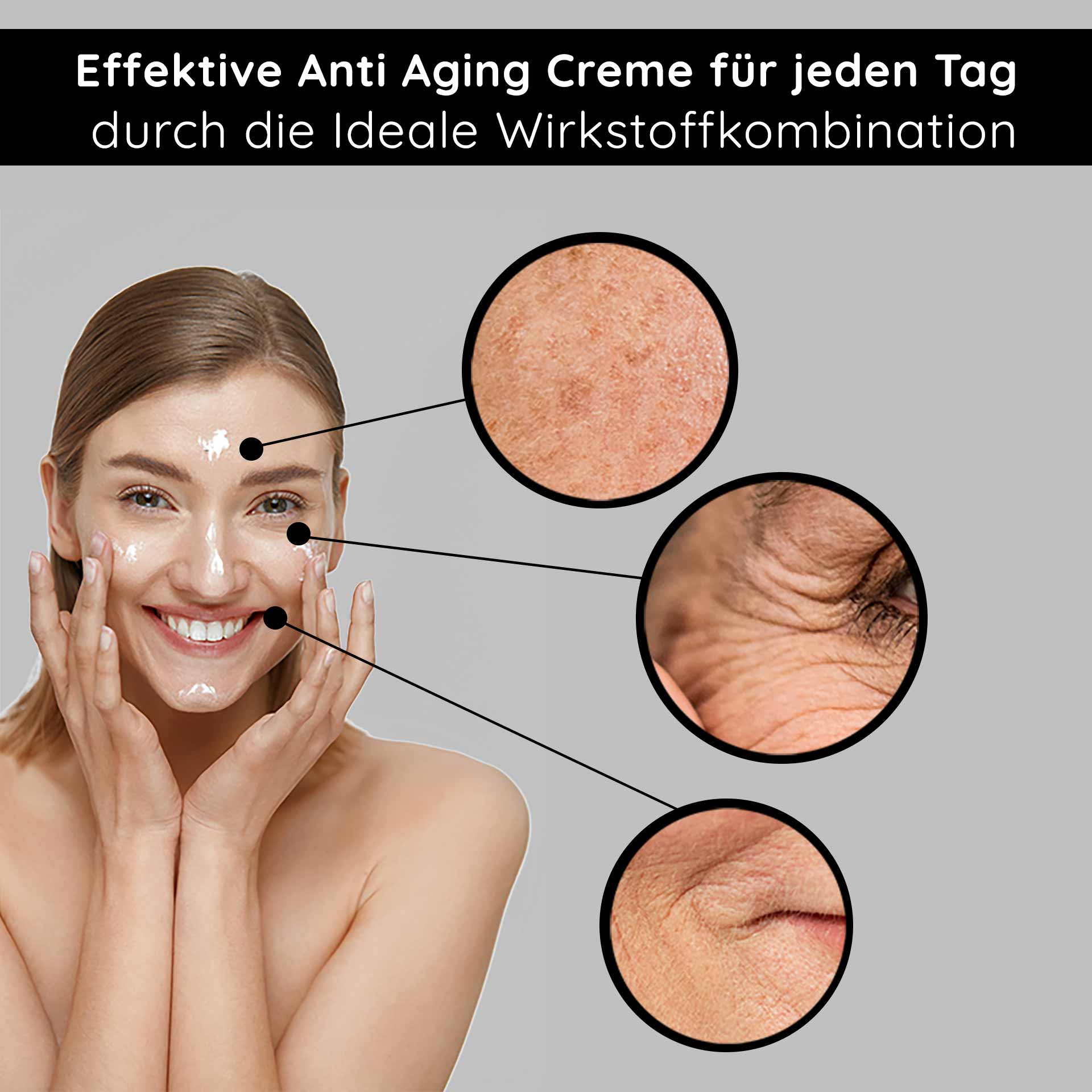 건조하고 잡티가 있는 피부를 위한 화이트 티 크림 50ml 안티에이징 24시 크림 Effektive Anti-Aging-Creme für jeden Tag, lächelnde Frau mit Creme auf dem Gesicht, Hautveränderungen wie Falten und Trockenheit hervorgehoben.