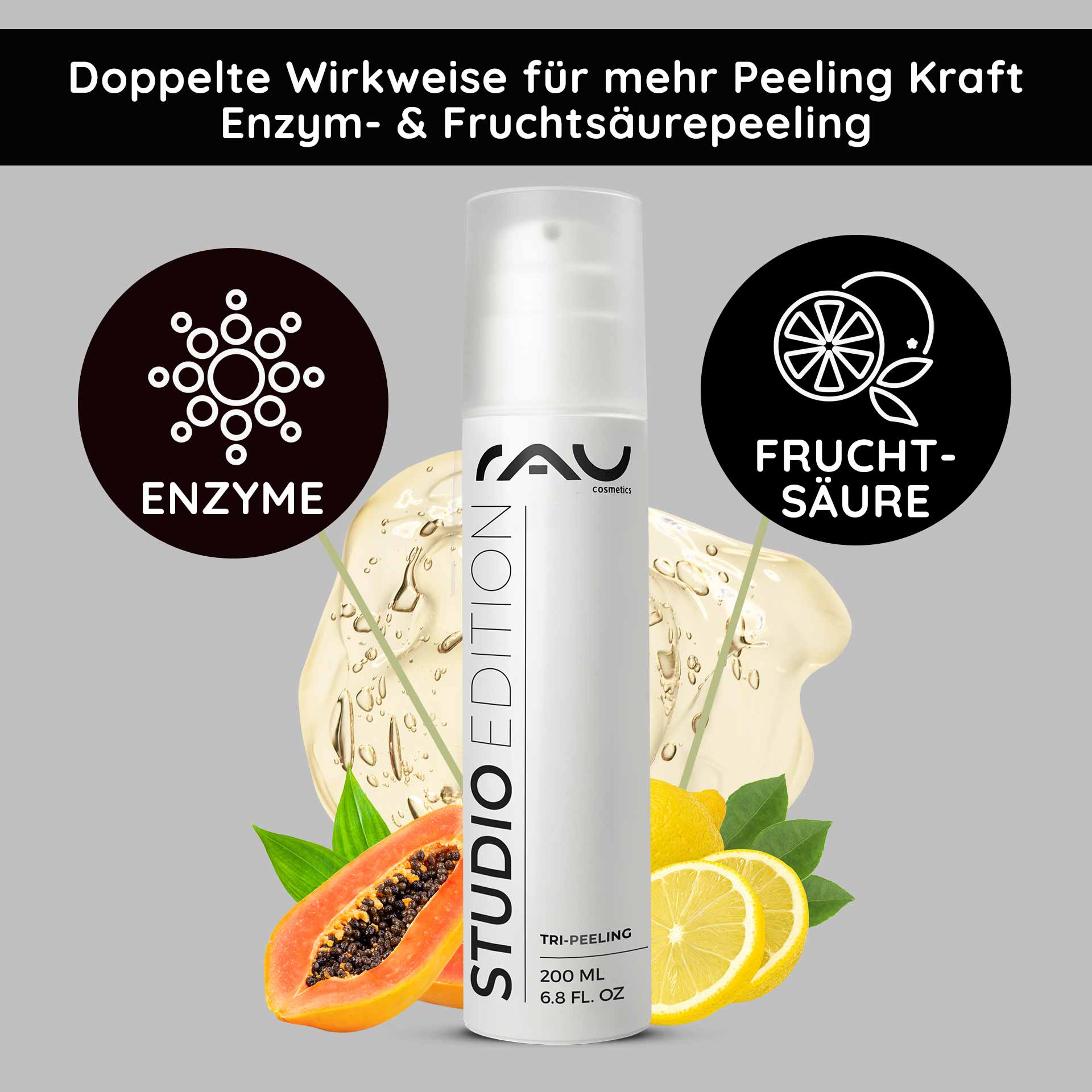 트리-필링 200ml 효소 & 과일 산 필링 Flasche Tri-Peeling von RAU Cosmetics, 200 ml, mit Abbildung von Enzymen und Fruchtsäuren, umgeben von Papaya- und Zitrusfrüchten, auf grauem Hintergrund, betont die multifunktionale Wirkung und Hautpflegeeigenschaften.