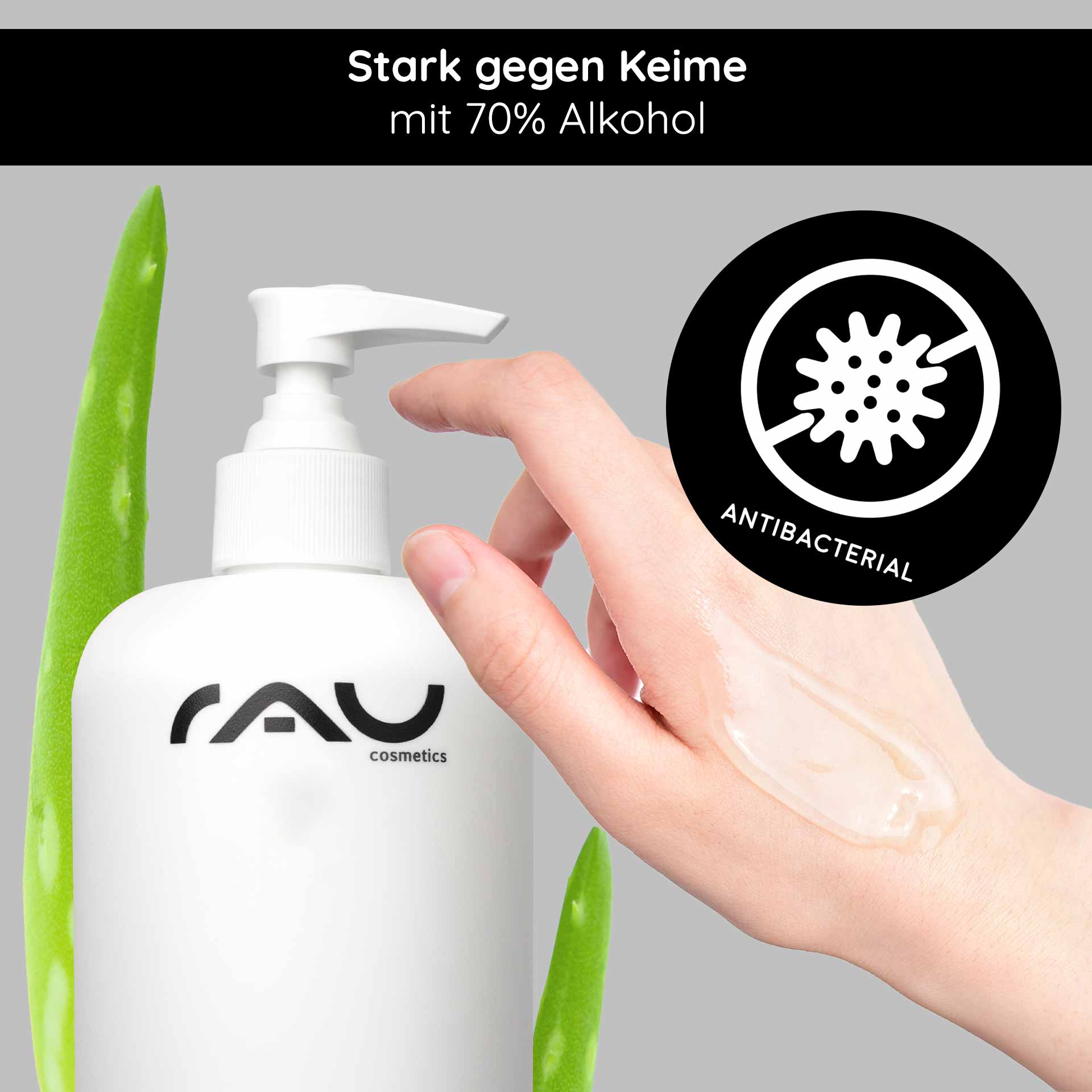 Hand Care Cleansing Gel 500 ml Desinfektion & Pflege RAU Hand Care Reinigungsgel mit 70 % Alkohol, Aloe Vera und einer Hand, die das Gel aufträgt, wobei die antibakteriellen Eigenschaften und die Hautpflege im Vordergrund stehen.