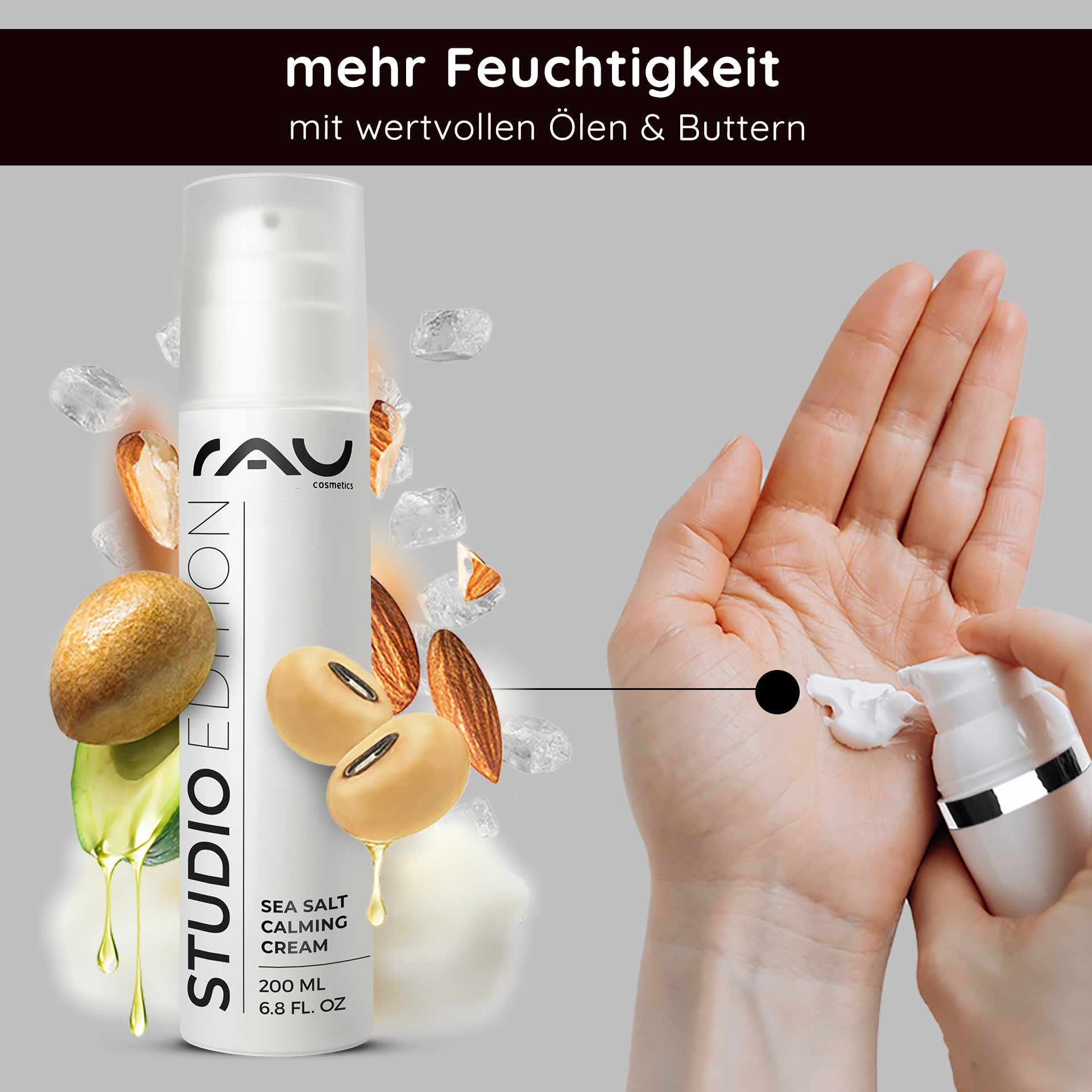 바다 소금과 PHA가 함유된 씨솔트 카밍 크림 200ml Flasche der RAU Sea Salt Calming Cream mit Kamillenblüten, Meersalz und grünen Blättern, die die beruhigenden und feuchtigkeitsspendenden Eigenschaften für empfindliche Haut betont.