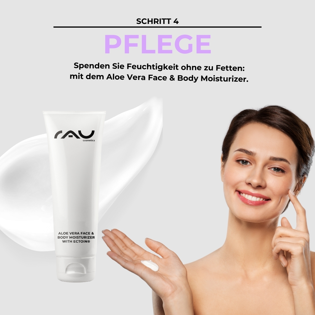 Advanced Pflegeroutine für Mischhaut Aloe Vera Face & Body Moisturizer von RAU Cosmetics in einer Tube, mit einer Frau, die die Creme auf ihr Gesicht aufträgt, wobei der Schwerpunkt auf Feuchtigkeit liegt, ohne zu fetten, Schritt 4 der erweiterten Hautpflegeroutine für Mischhaut.