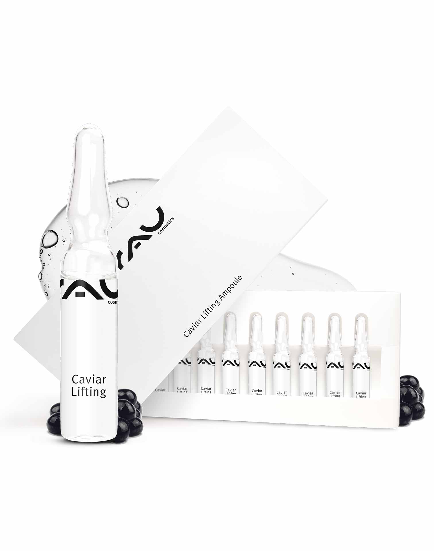 Caviar Lifting Ampullen 10x2 ml Anti-Aging & Reproage Caviar Lifting Ampullen von RAU Cosmetics, 10x2 ml, Anti-Aging Serum mit Kaviarextrakt, verpackt in einer eleganten Box, umgeben von Kaviarperlen, für straffere und revitalisierte Haut.