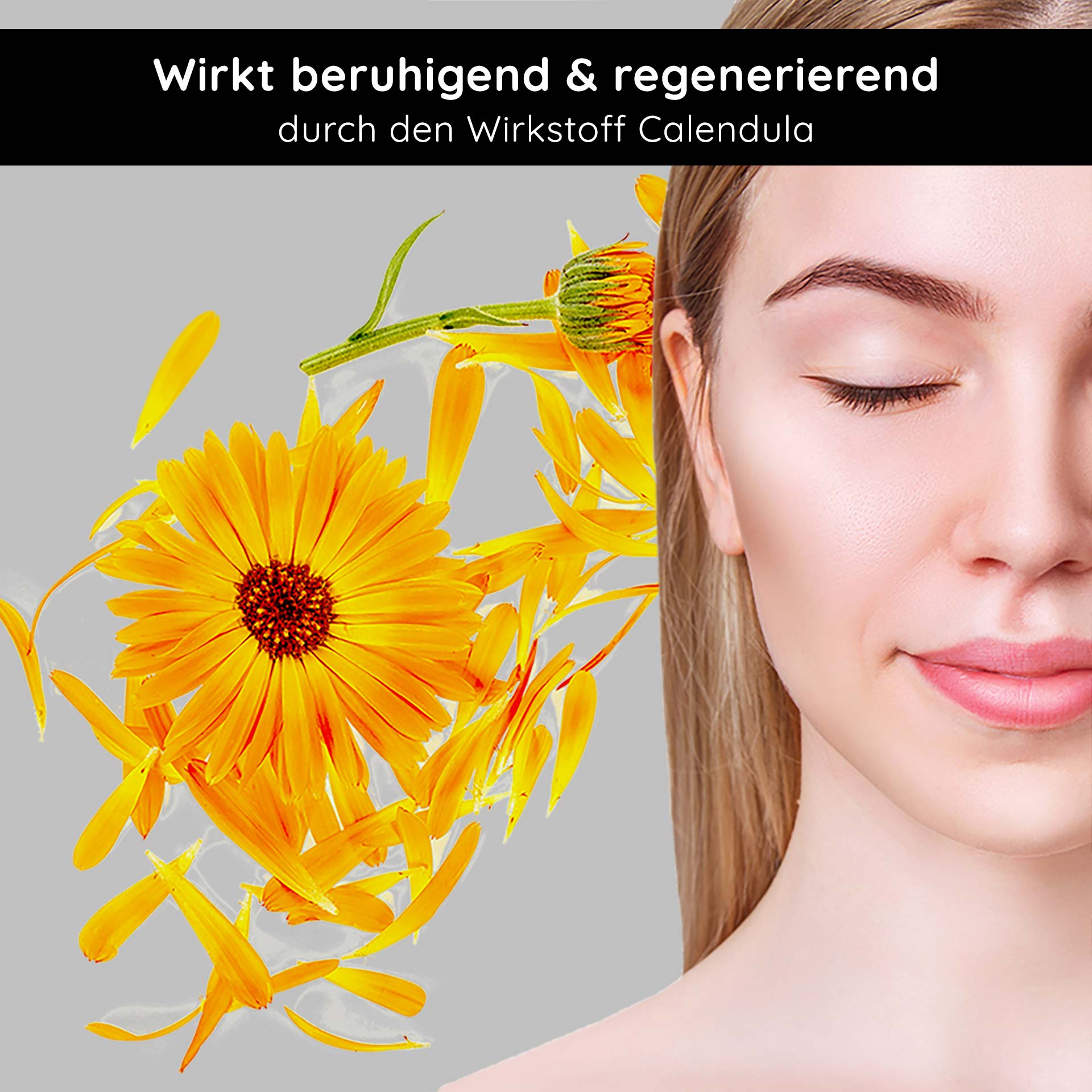 Anti Redness Couperose Serum 50 ml bei Rosacea - wirkt Rötungen entgegen Frau mit geschlossenen Augen und sanftem Gesichtsausdruck, umgeben von Calendula-Blüten, betont die beruhigenden und regenerierenden Eigenschaften des Inhaltsstoffs für empfindliche Haut.