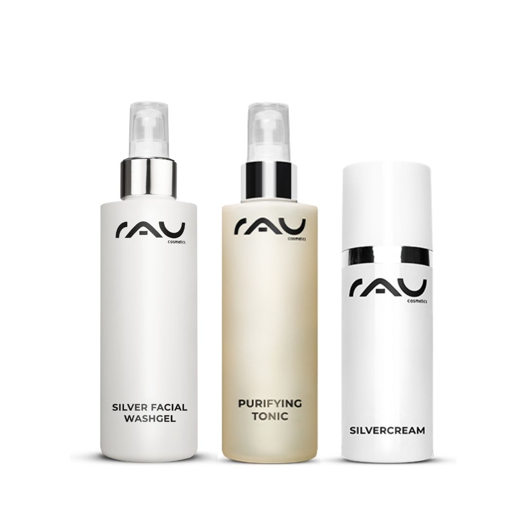Basis Pflegeroutine für unreine fettige Haut Das Hautpflegeset von RAU Cosmetics mit Silver Facial Washgel, Purifying Tonic und Silvercream wurde für fettige und zu Akne neigende Haut entwickelt und legt den Schwerpunkt auf antimikrobielle Eigenschaften und eine effektive Reinigung.