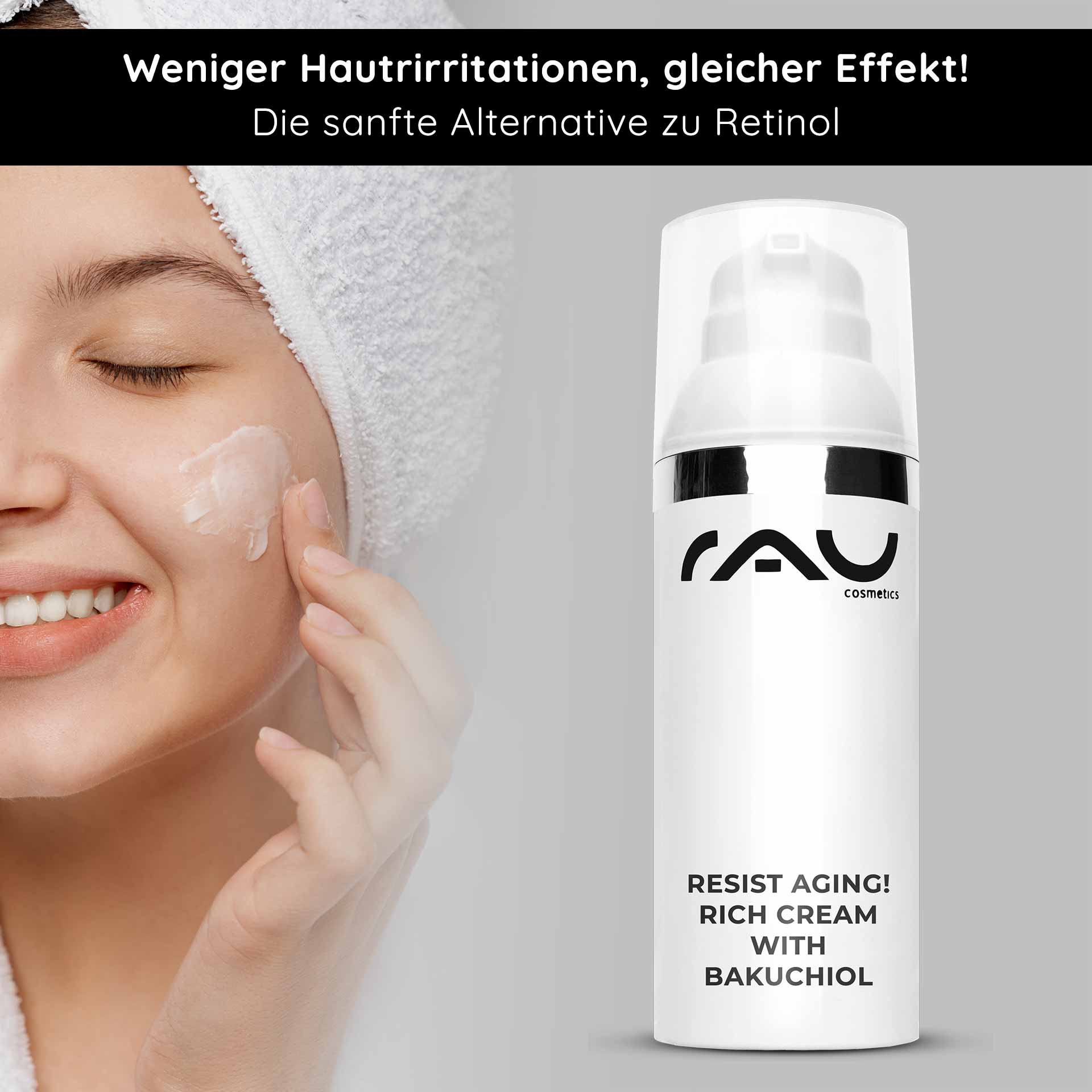 Resist aging! Rich Cream with Bakuchiol 50 ml Nachtcreme Frau mit Hand auf Wange, die RAU Cosmetics Resist Aging Rich Cream mit Bakuchiol aufträgt, betont sanfte Alternative zu Retinol für Hautpflege und Anti-Aging.