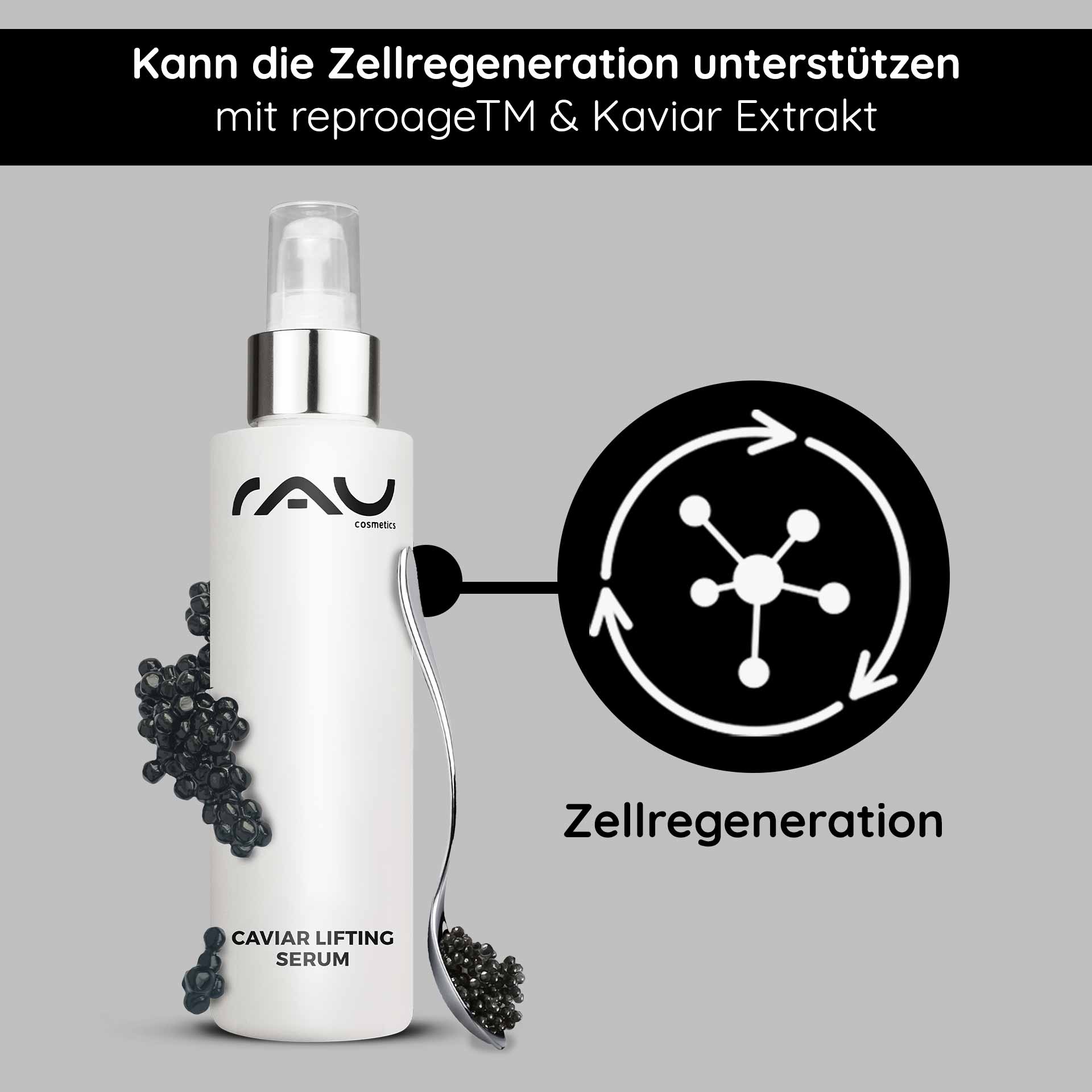 Caviar Lifting Serum 100 ml mit Reproage & Kaviar-Extrakt Caviar Lifting Serum von RAU Cosmetics mit Kaviarextrakt und reproageTM, fördert die Zellregeneration, präsentiert in eleganter Flasche mit Applikator.