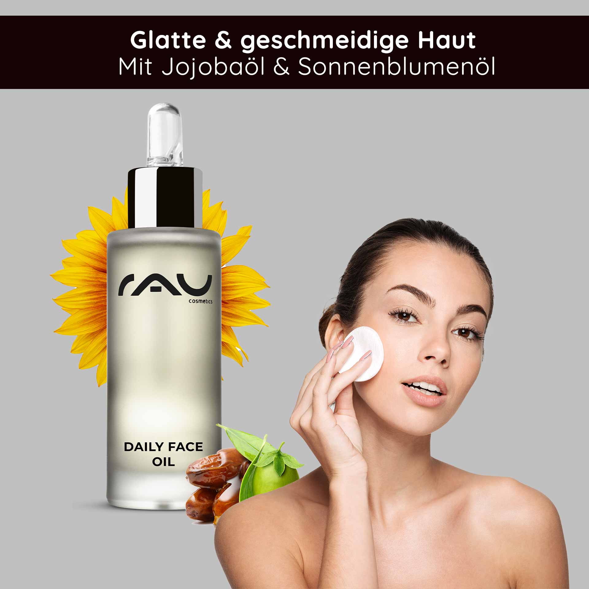 Daily Face Oil 30 ml Pflegendes Gesichts-Öl für die Nacht mit Lavendel Flasche „RAU Cosmetics Daily Face Oil“ mit Jojoba- und Sonnenblumenöl, Frau trägt Hautpflege auf ihr Gesicht auf, um eine glatte und geschmeidige Haut zu fördern.