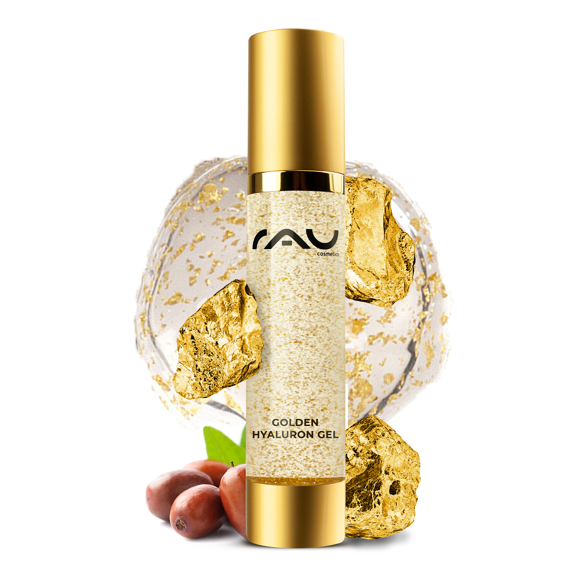 Golden Hyaluron Gel 50 ml Anti-Aging-Gel mit 23kt Gold RAU Cosmetics Golden Hyaluron Gel mit 23 Karat Gold, luxuriöse Anti-Aging-Formel, umgeben von Goldflocken und natürlichen Inhaltsstoffen, entwickelt für reife und trockene Hauttypen.