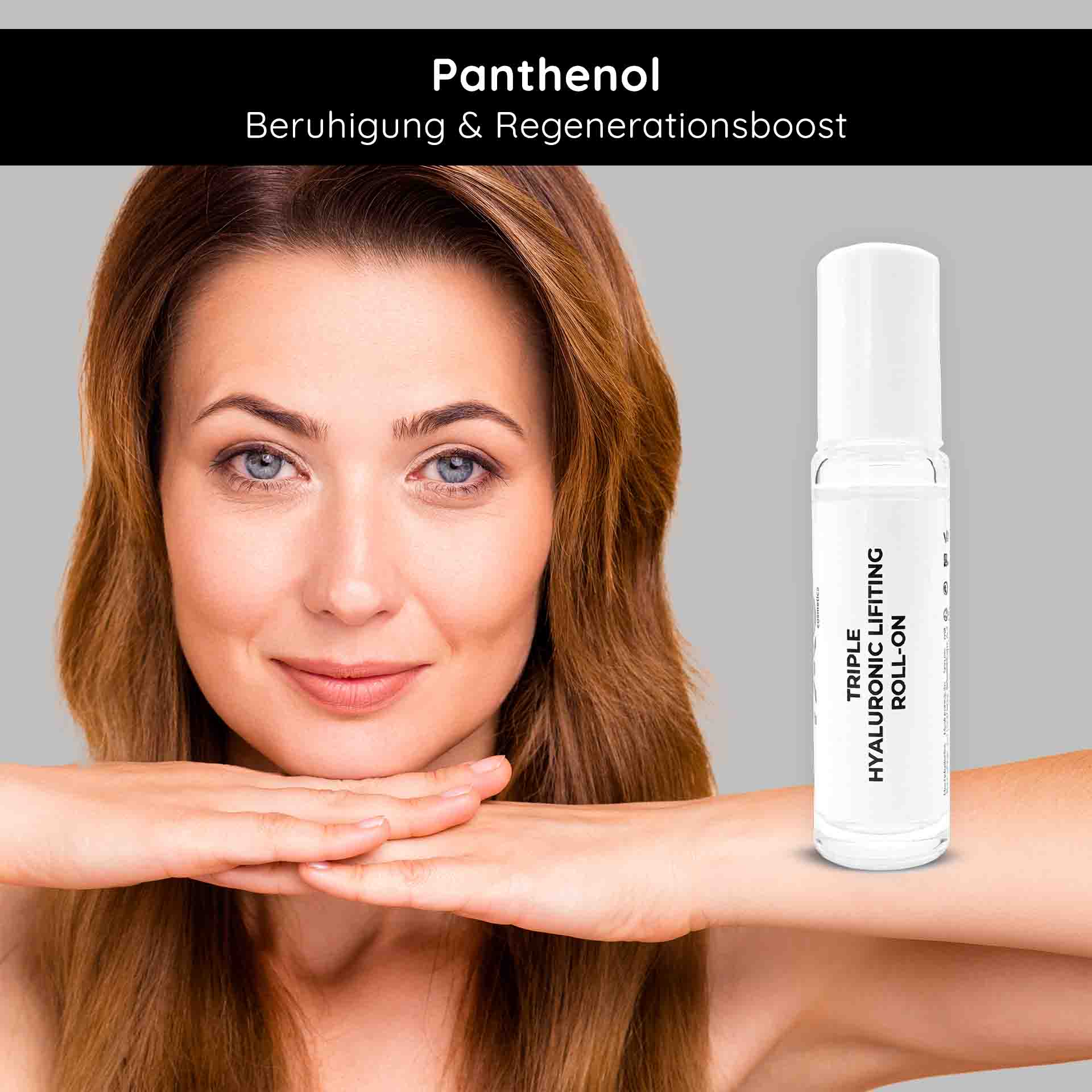 Triple Hyaluronic Serum Roll-On 10 ml mit 3-fach Hyaluronsäuren Frau mit sanftem Lächeln und glatter Haut, präsentiert das Triple Hyaluronic Lifting Roll-On Serum, betont mit Panthenol für Beruhigung und Regeneration.