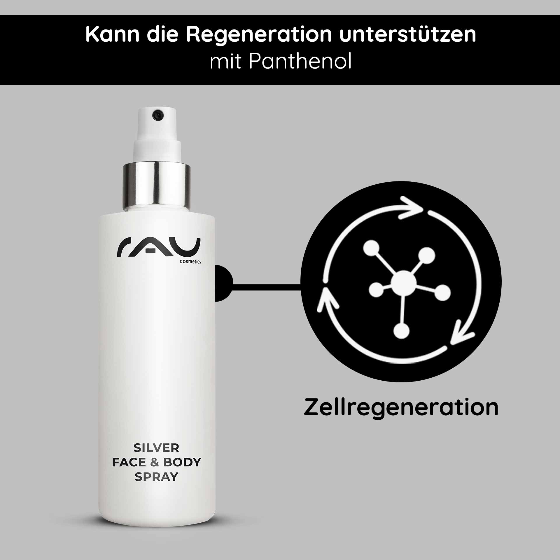 Silver Face & Body Spray 200 ml mit Panthenol & Microsilber RAU Cosmetics Silver Face & Body Spray-Flasche mit Panthenol, fördert die Hautregeneration und hat beruhigende Eigenschaften, ideal für Hautpflegelösungen.