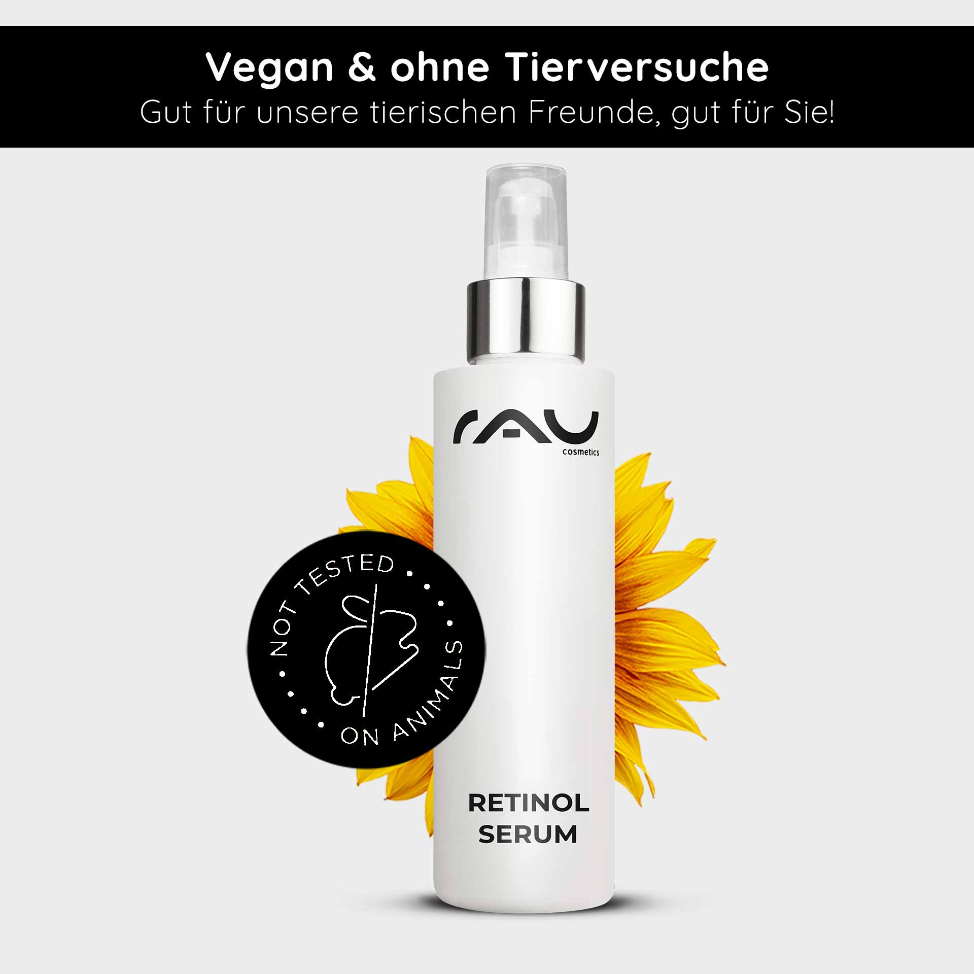 레티놀 세럼 100ml - 건조하고 성숙한 피부를 위한 비타민 A 세럼 Retinol Serum von RAU Cosmetics in einer weißen Flasche mit Sprühkopf, umgeben von einer Sonnenblume, mit dem Hinweis "Vegan & ohne Tierversuche" und "Nicht an Tieren getestet".